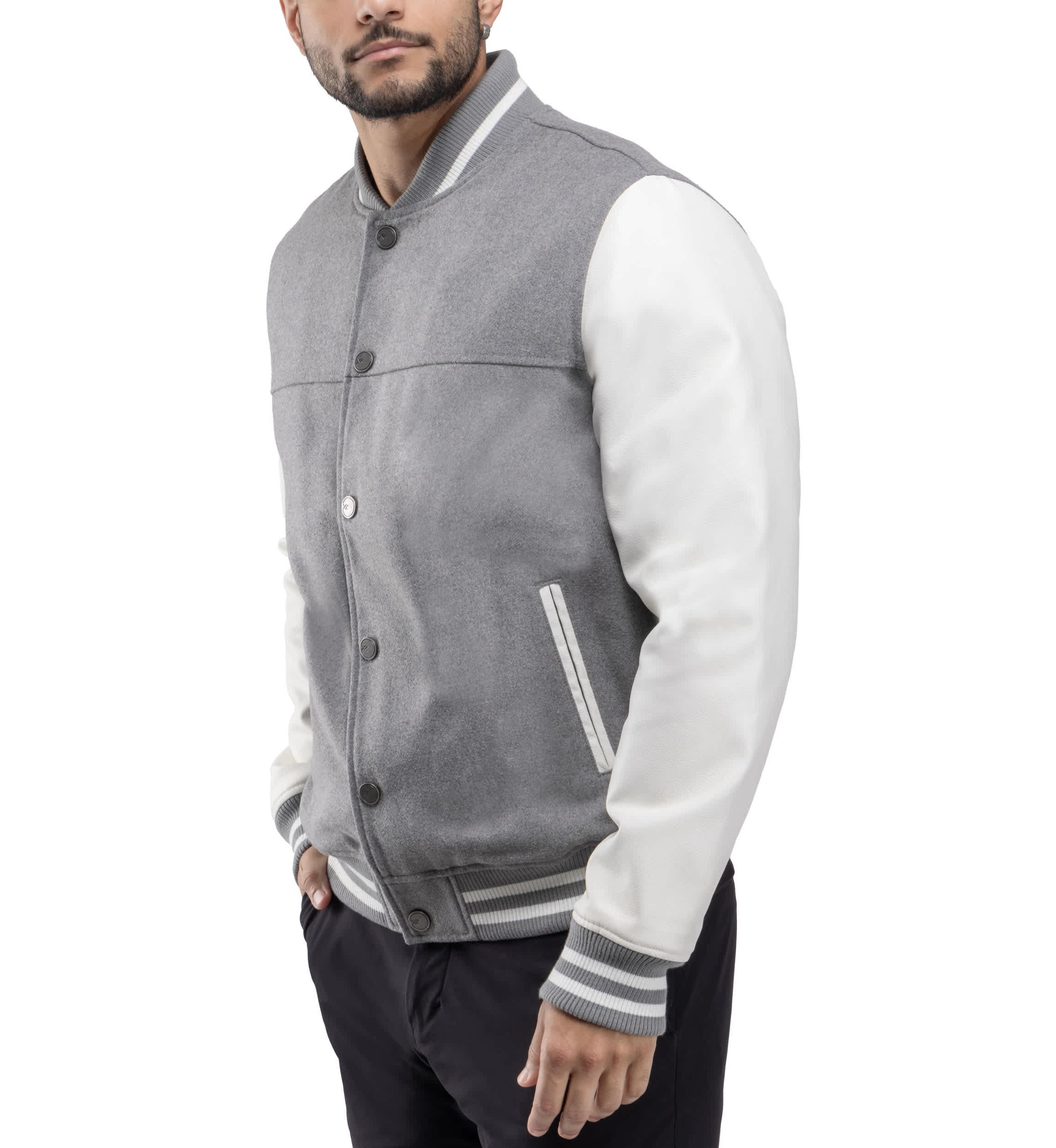 Mens Wool Varsity Bomber Jacket With PU Sleeves