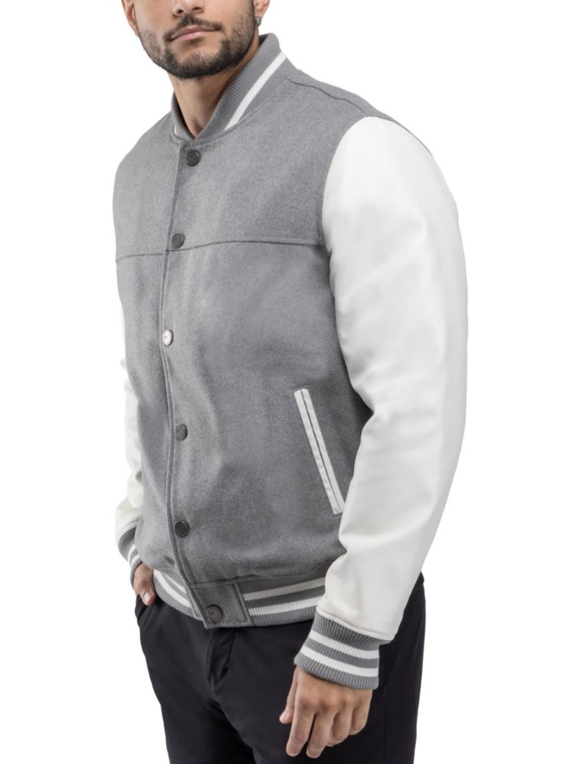 Mens Wool Varsity Bomber Jacket With PU Sleeves