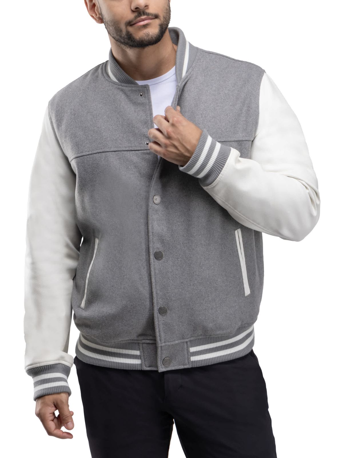 Mens Wool Varsity Bomber Jacket With PU Sleeves