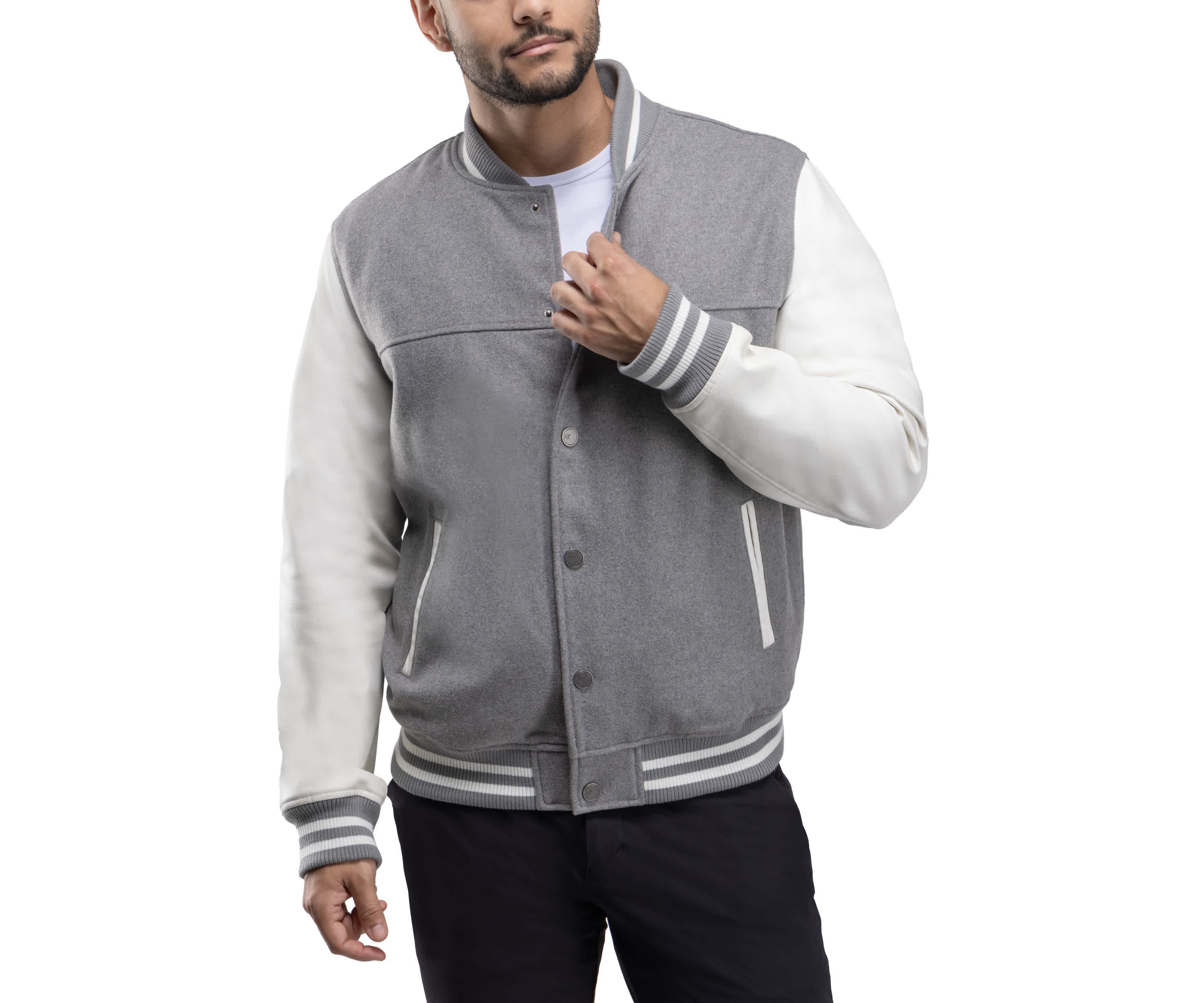 Mens Wool Varsity Bomber Jacket With PU Sleeves