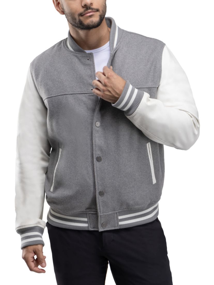 Mens Wool Varsity Bomber Jacket With PU Sleeves