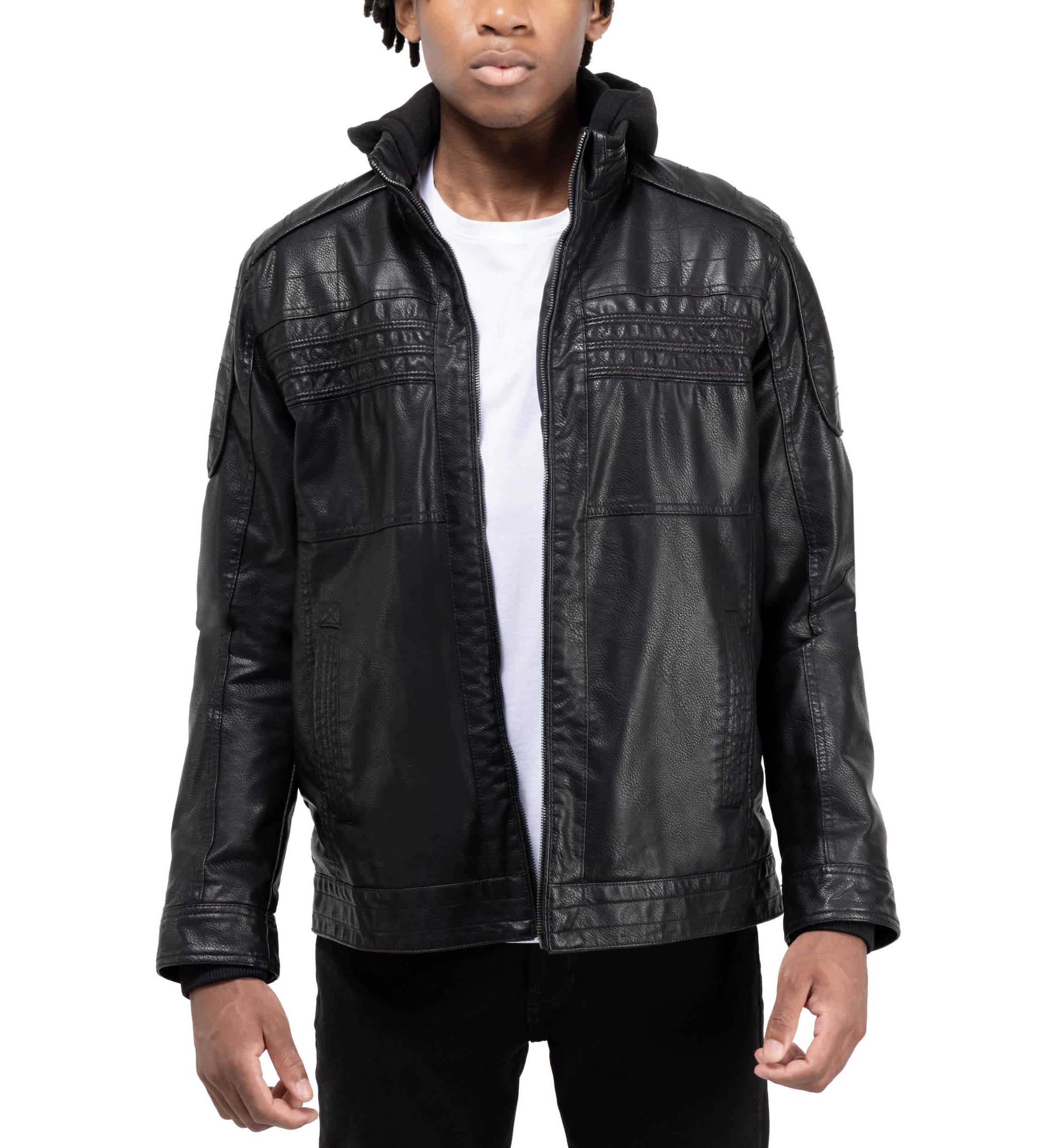 Mens Grainy PU Leather Hooded Jacket With Faux Shearling Lining