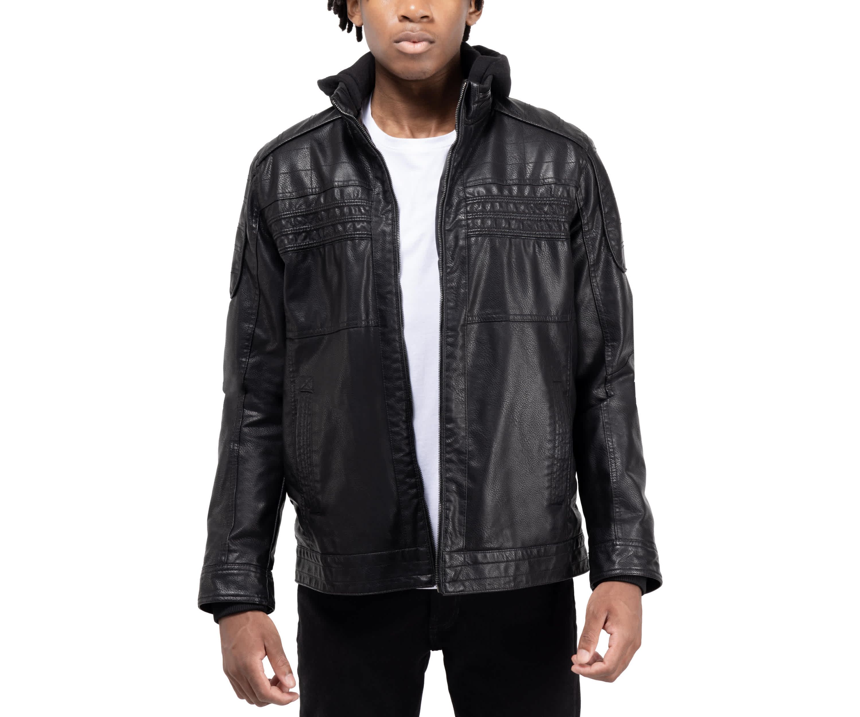 Mens Grainy PU Leather Hooded Jacket With Faux Shearling Lining