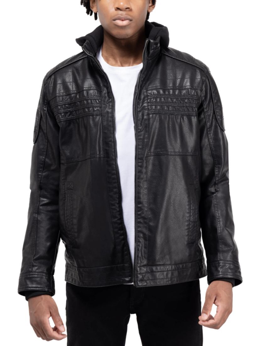 Mens Grainy PU Leather Hooded Jacket With Faux Shearling Lining