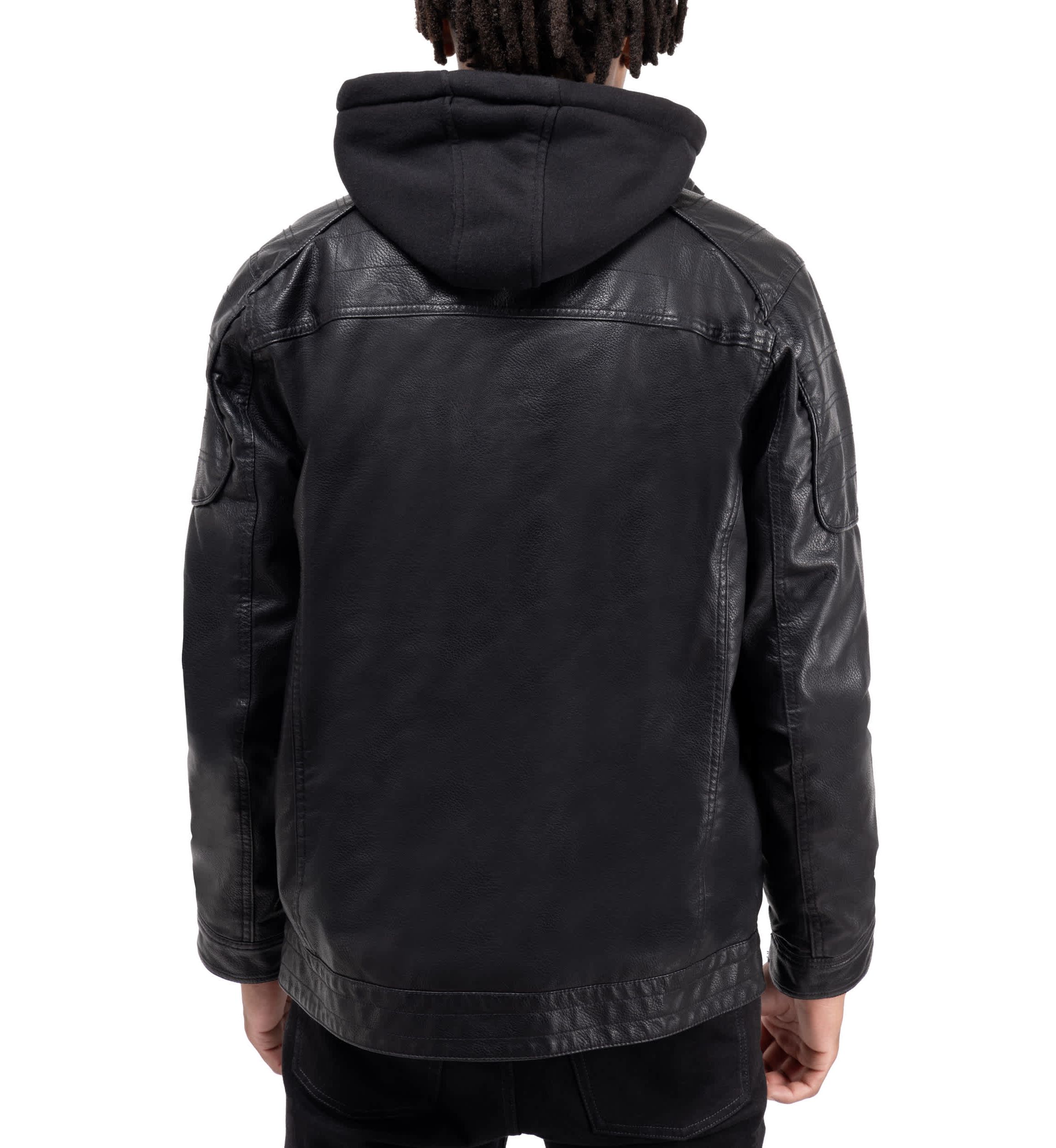 Mens Grainy PU Leather Hooded Jacket With Faux Shearling Lining