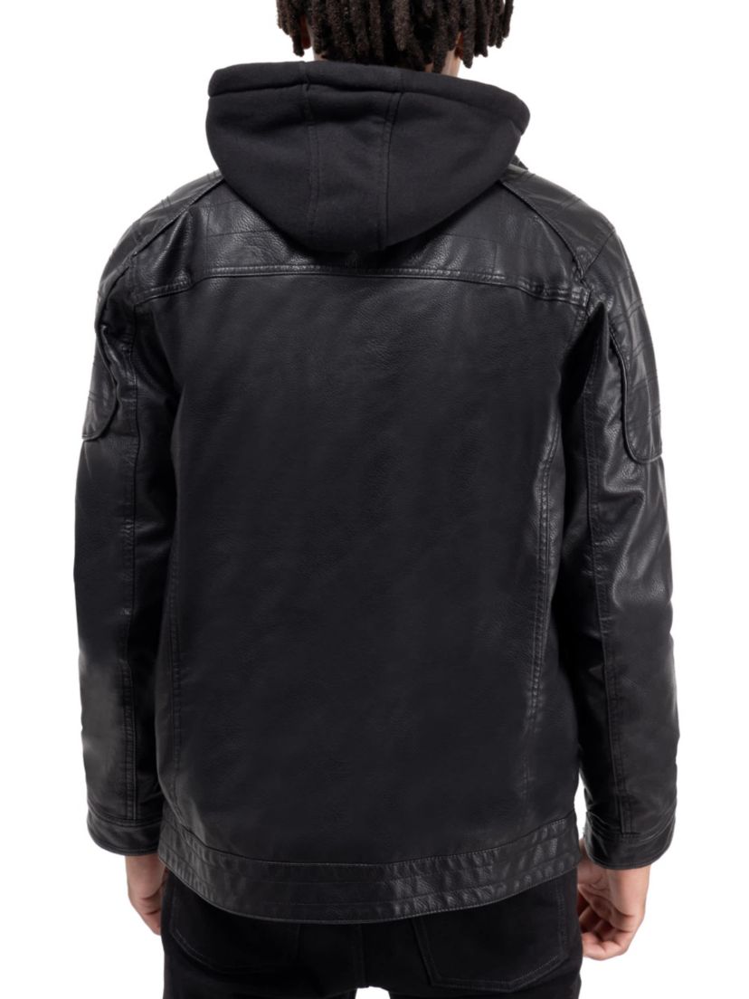 Mens Grainy PU Leather Hooded Jacket With Faux Shearling Lining