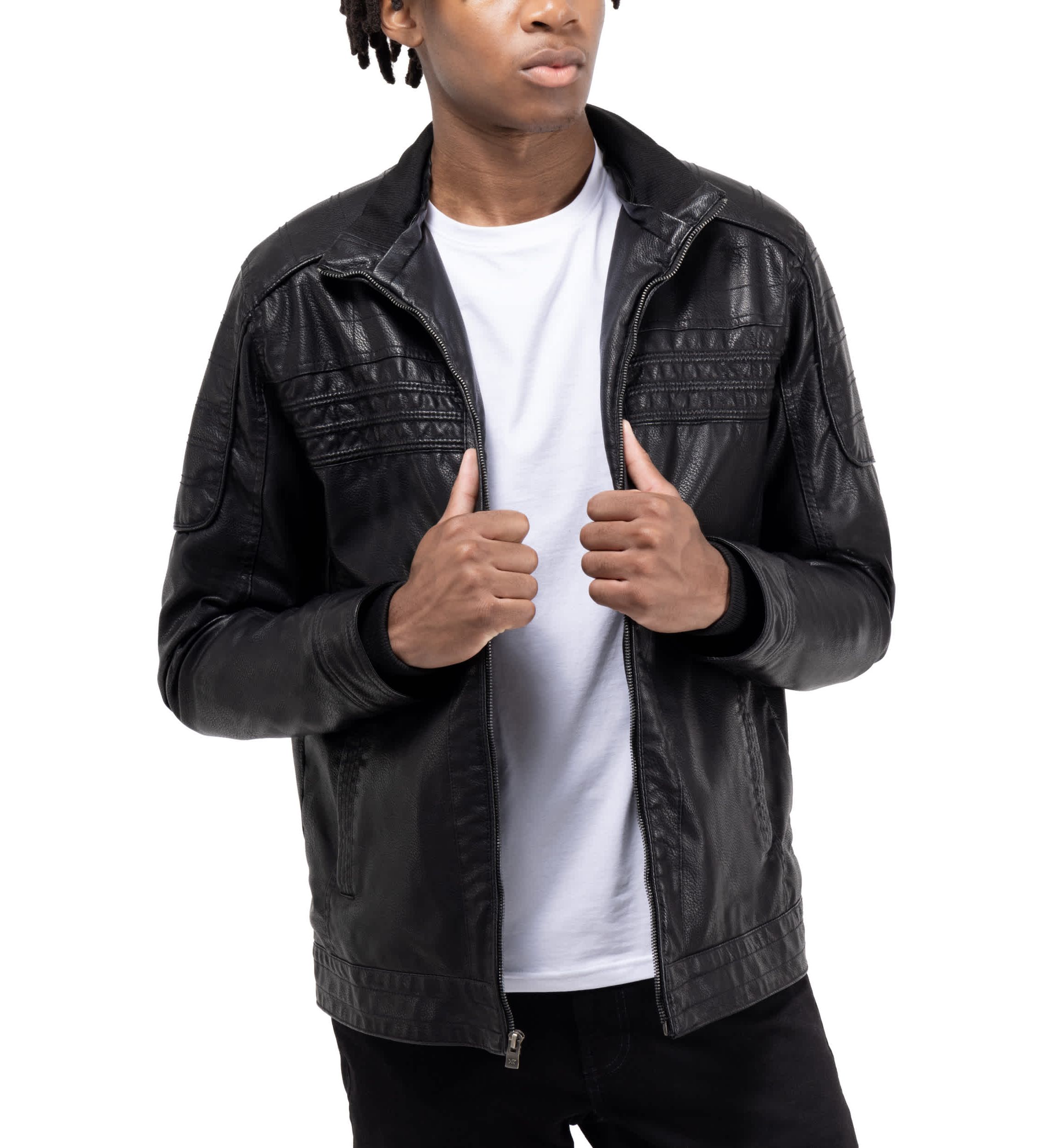 Mens Grainy PU Leather Hooded Jacket With Faux Shearling Lining