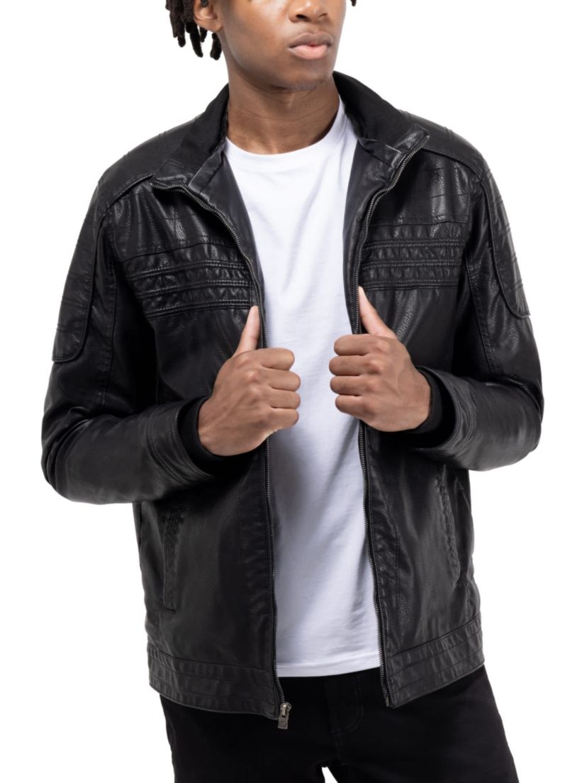 Mens Grainy PU Leather Hooded Jacket With Faux Shearling Lining