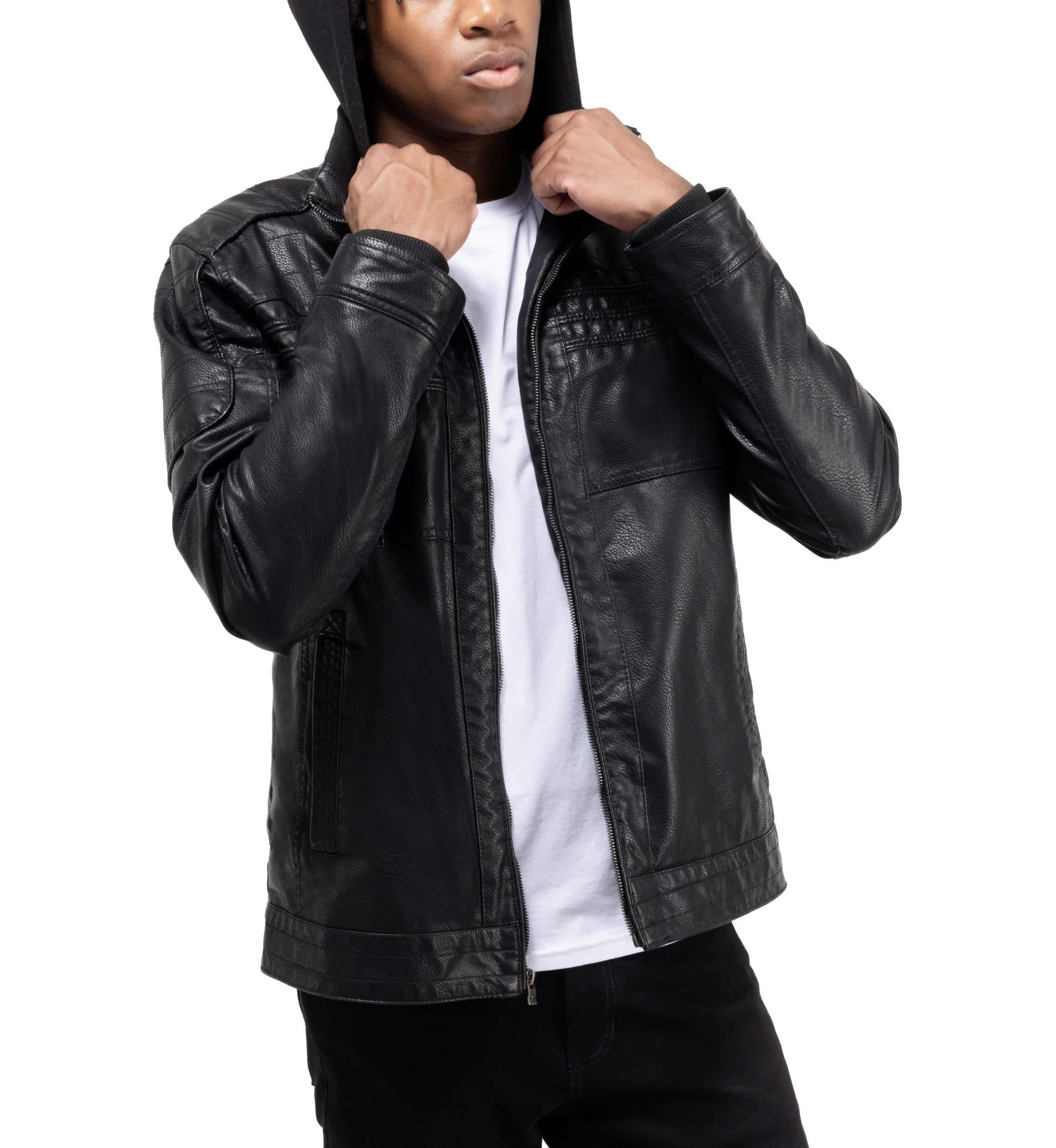 Mens Grainy PU Leather Hooded Jacket With Faux Shearling Lining