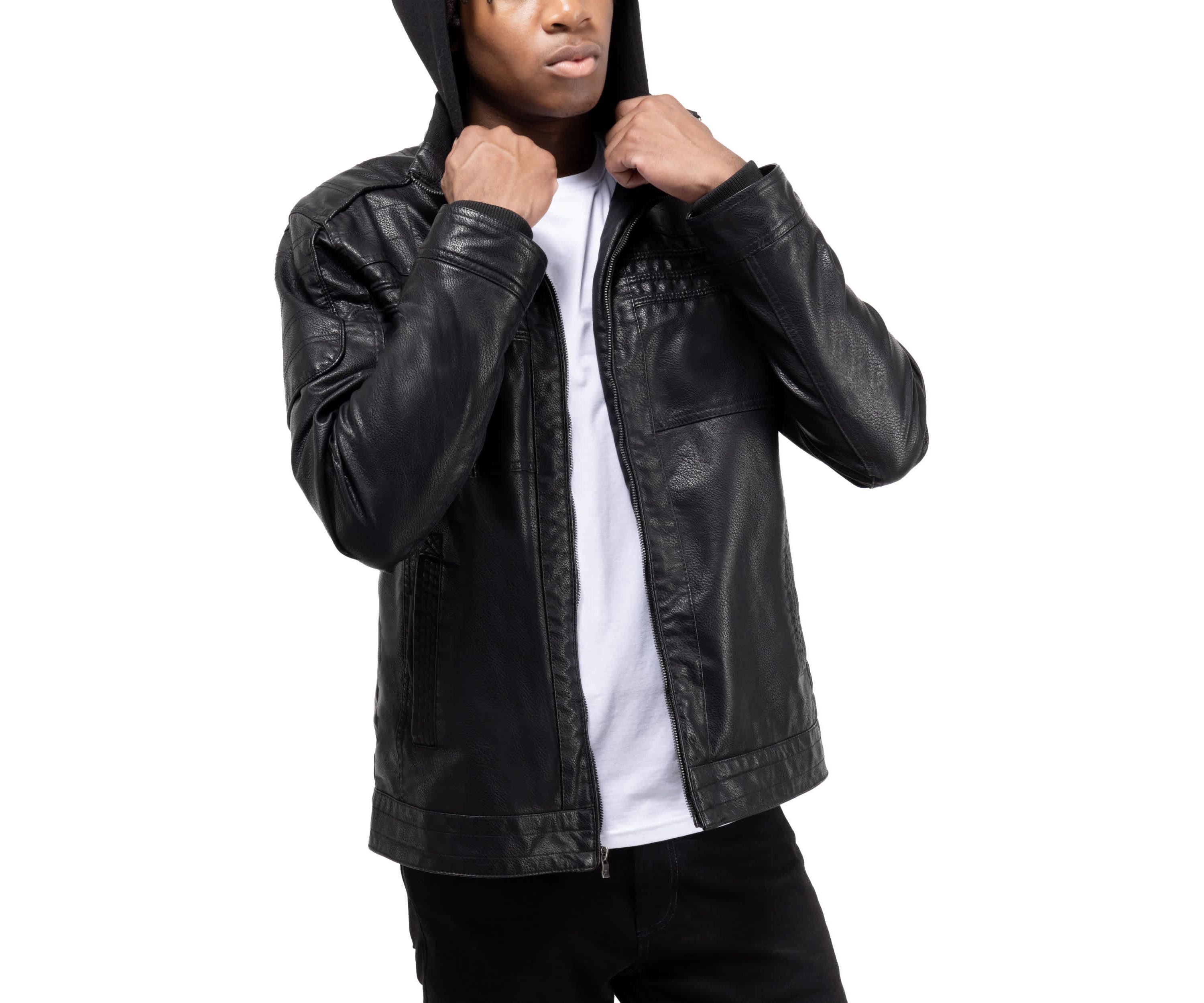 Mens Grainy PU Leather Hooded Jacket With Faux Shearling Lining