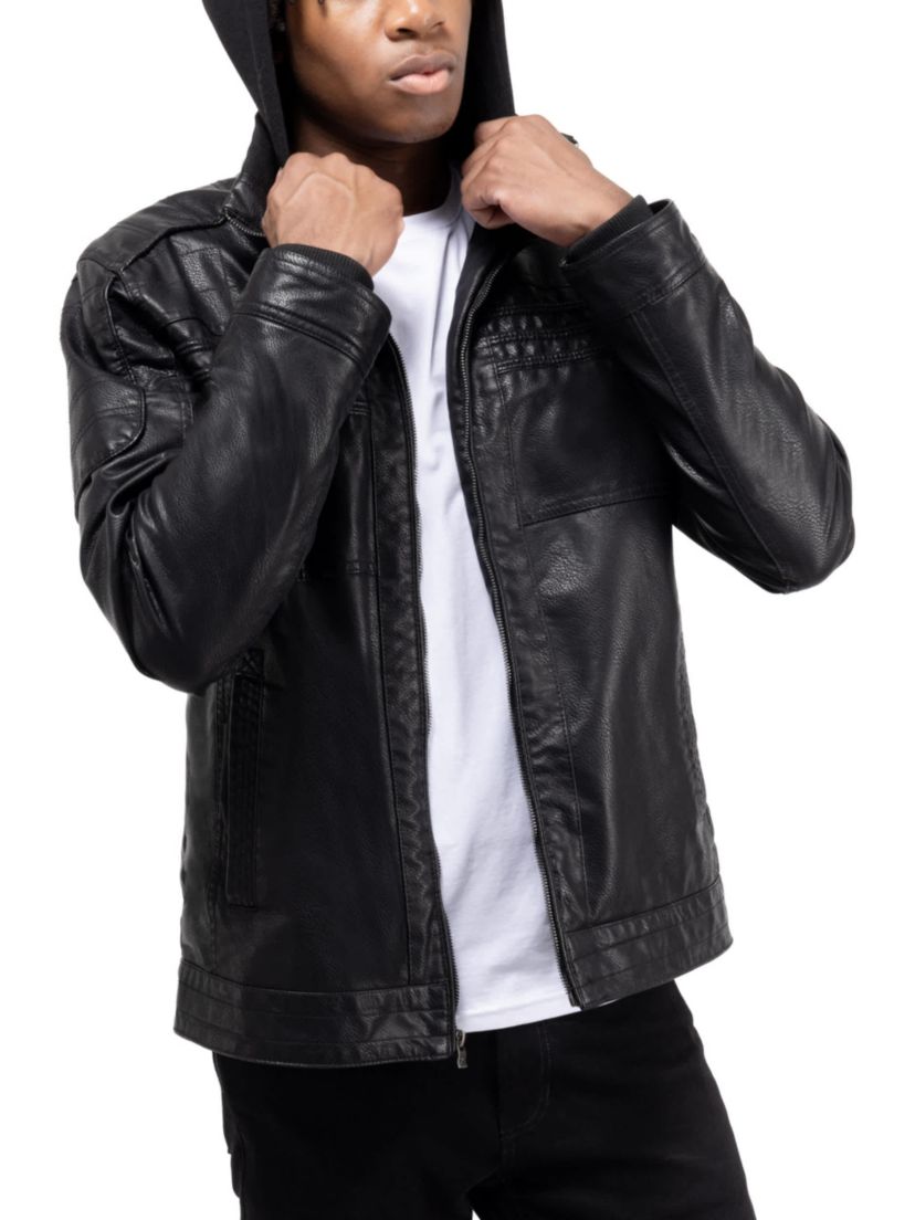 Mens Grainy PU Leather Hooded Jacket With Faux Shearling Lining