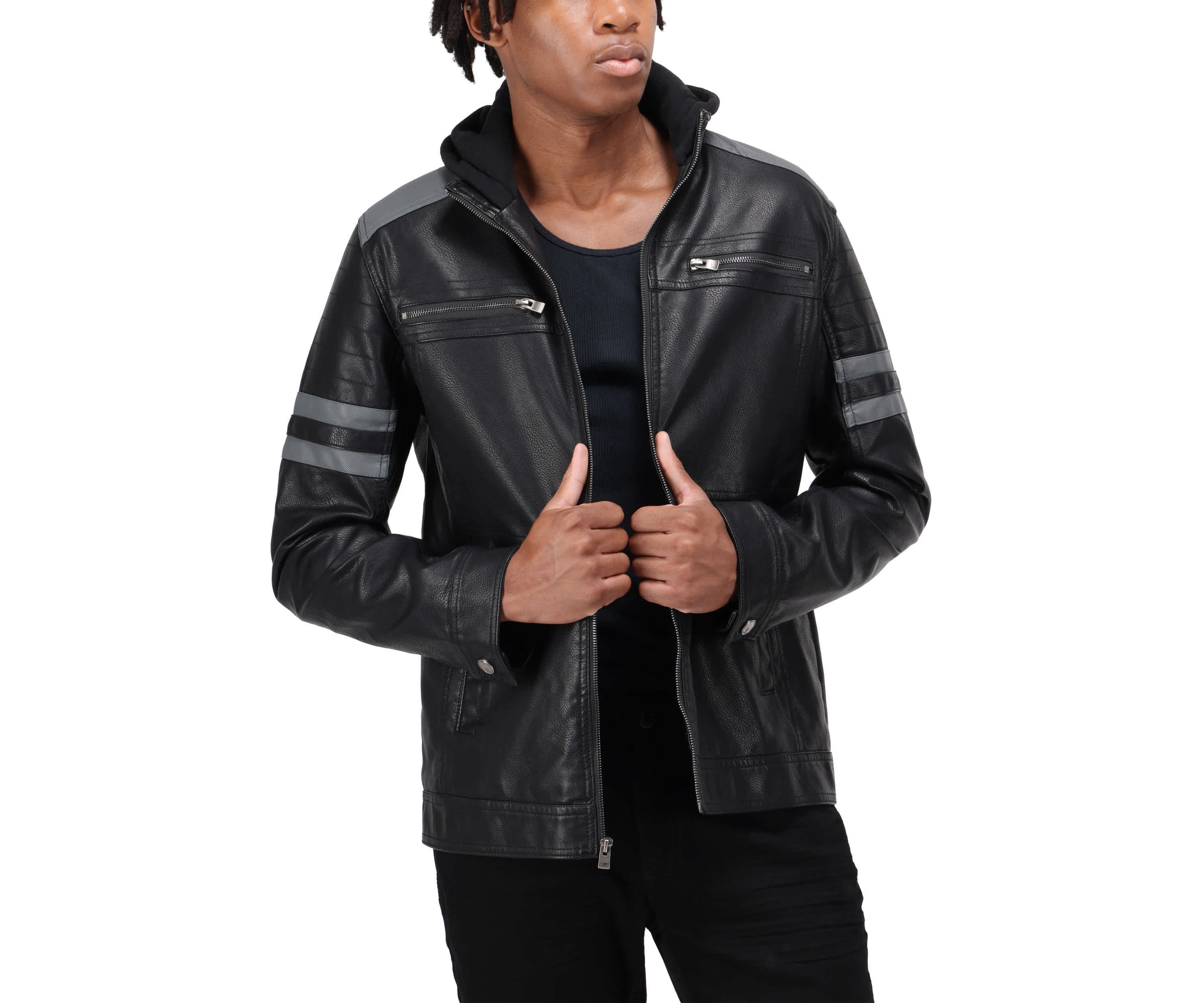 Mens Grainy PU Leather Hooded Jacket With Faux Shearling Lining