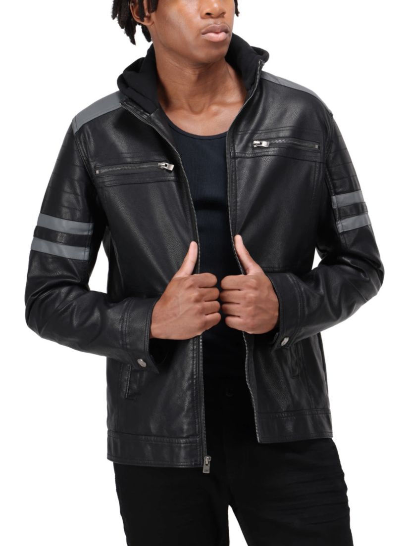 Mens Grainy PU Leather Hooded Jacket With Faux Shearling Lining
