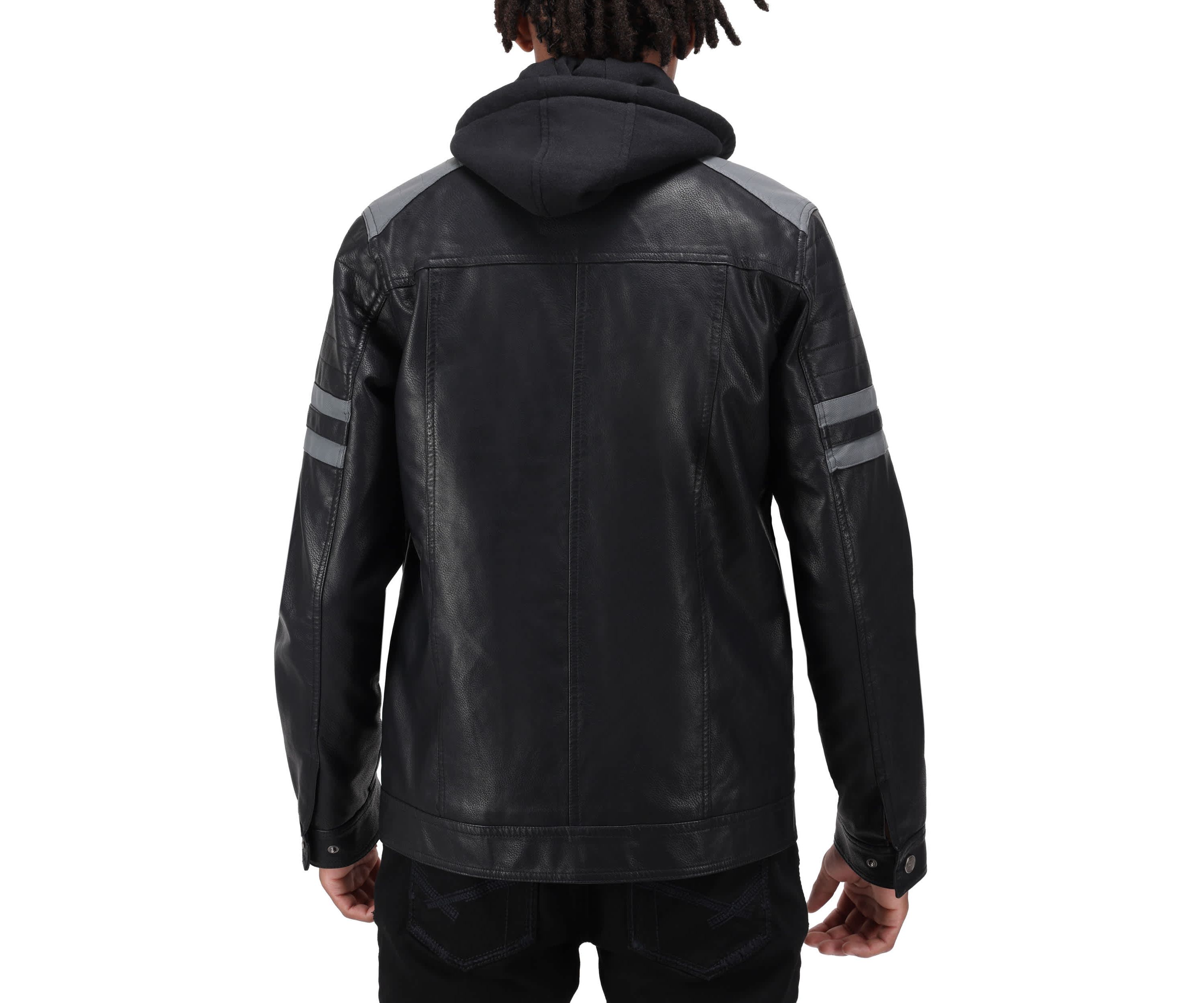 Mens Grainy PU Leather Hooded Jacket With Faux Shearling Lining