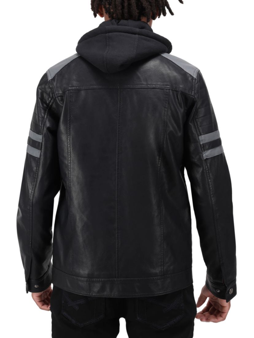 Mens Grainy PU Leather Hooded Jacket With Faux Shearling Lining