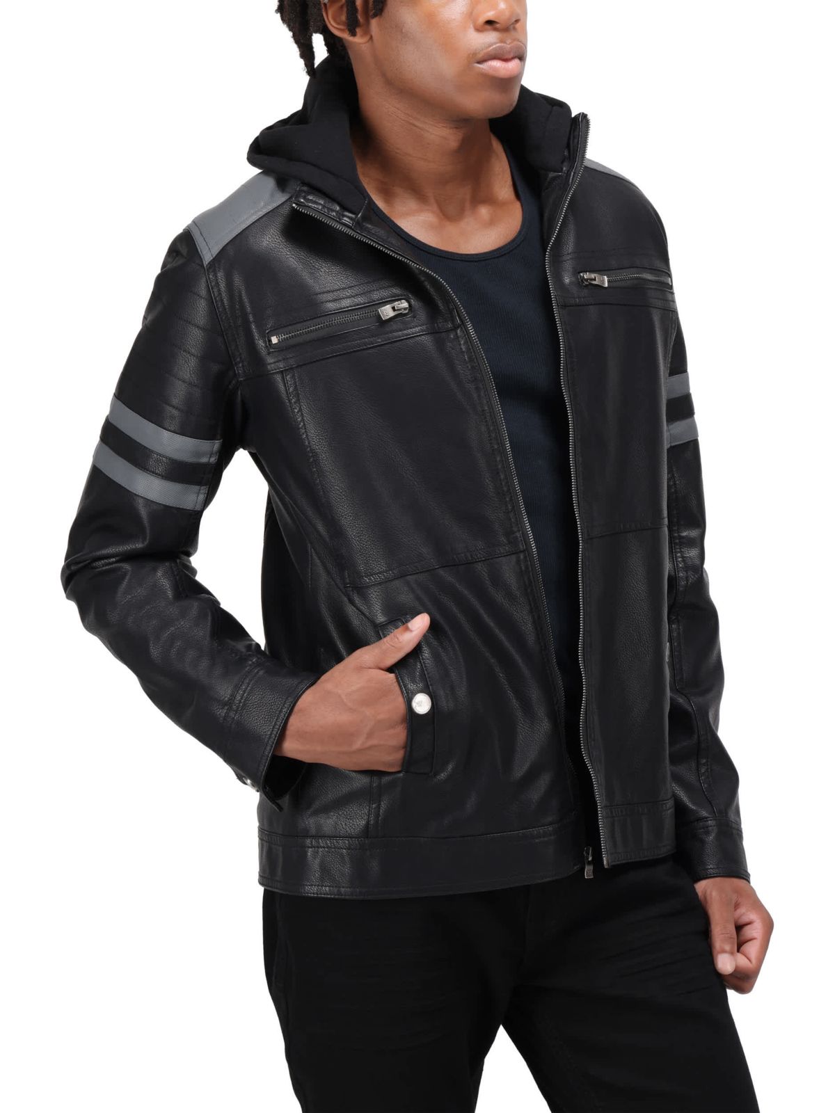 Mens Grainy PU Leather Hooded Jacket With Faux Shearling Lining