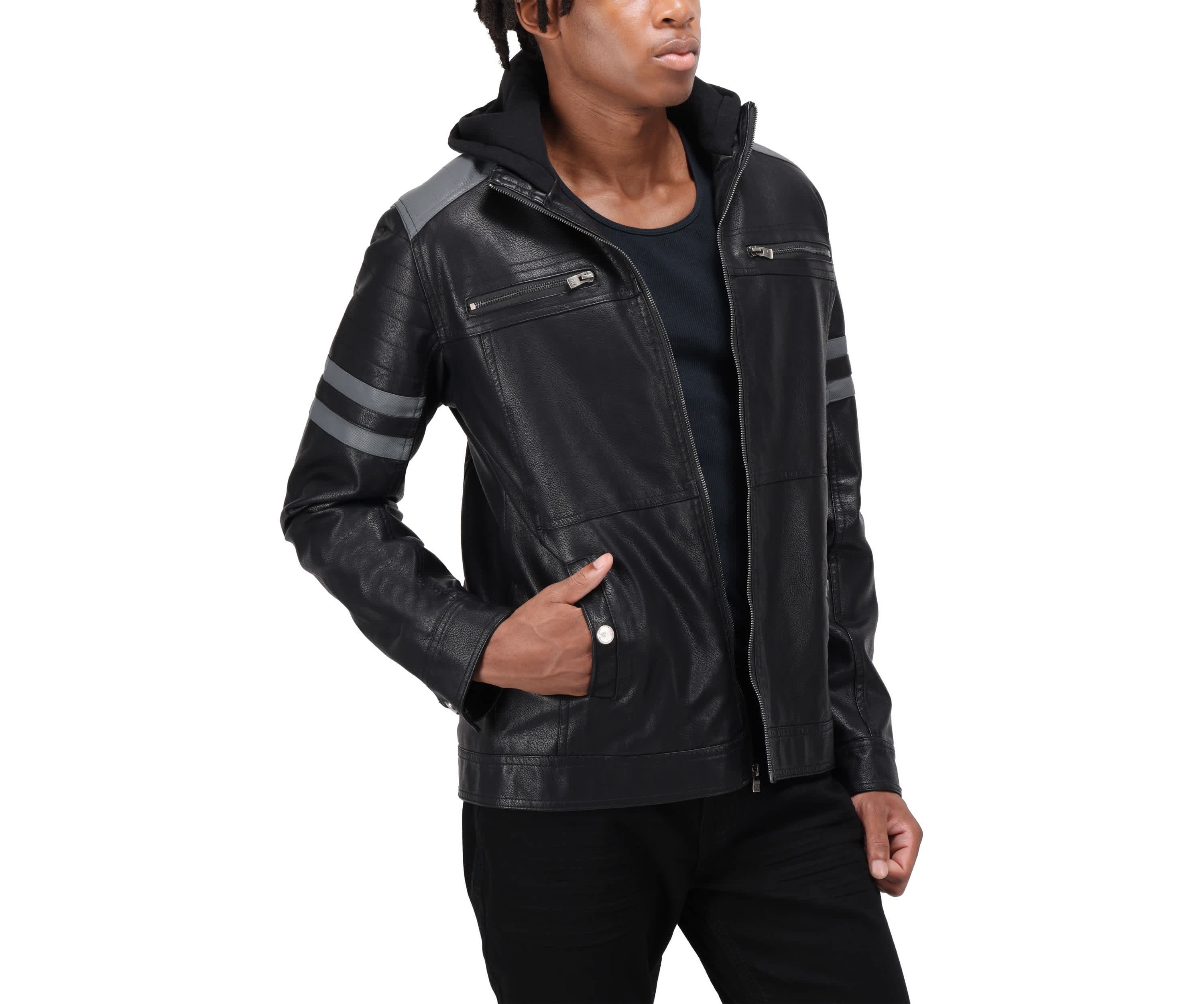 Mens Grainy PU Leather Hooded Jacket With Faux Shearling Lining