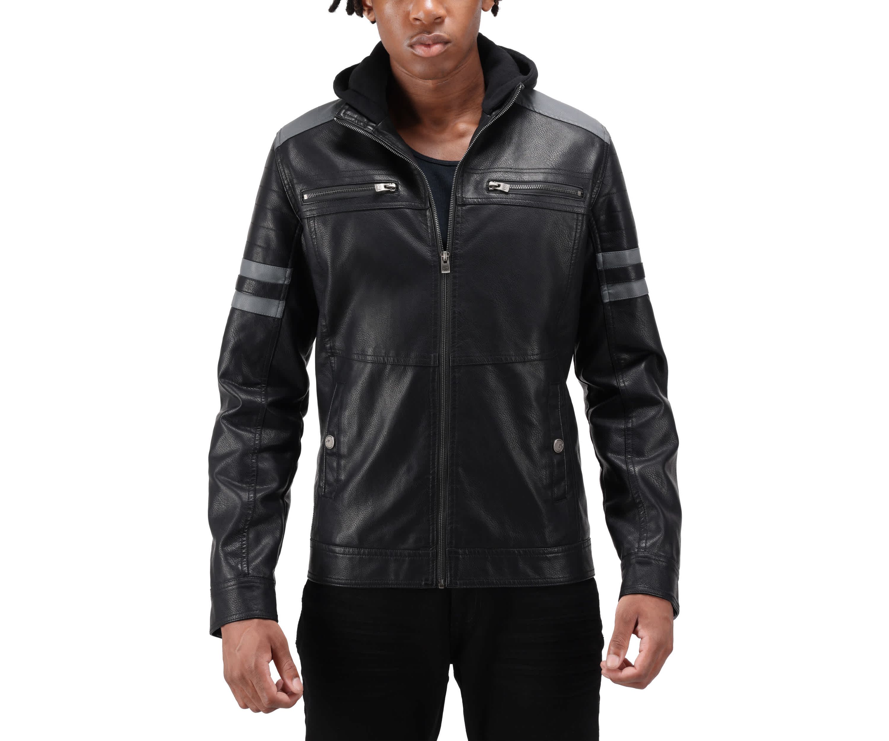 Mens Grainy PU Leather Hooded Jacket With Faux Shearling Lining
