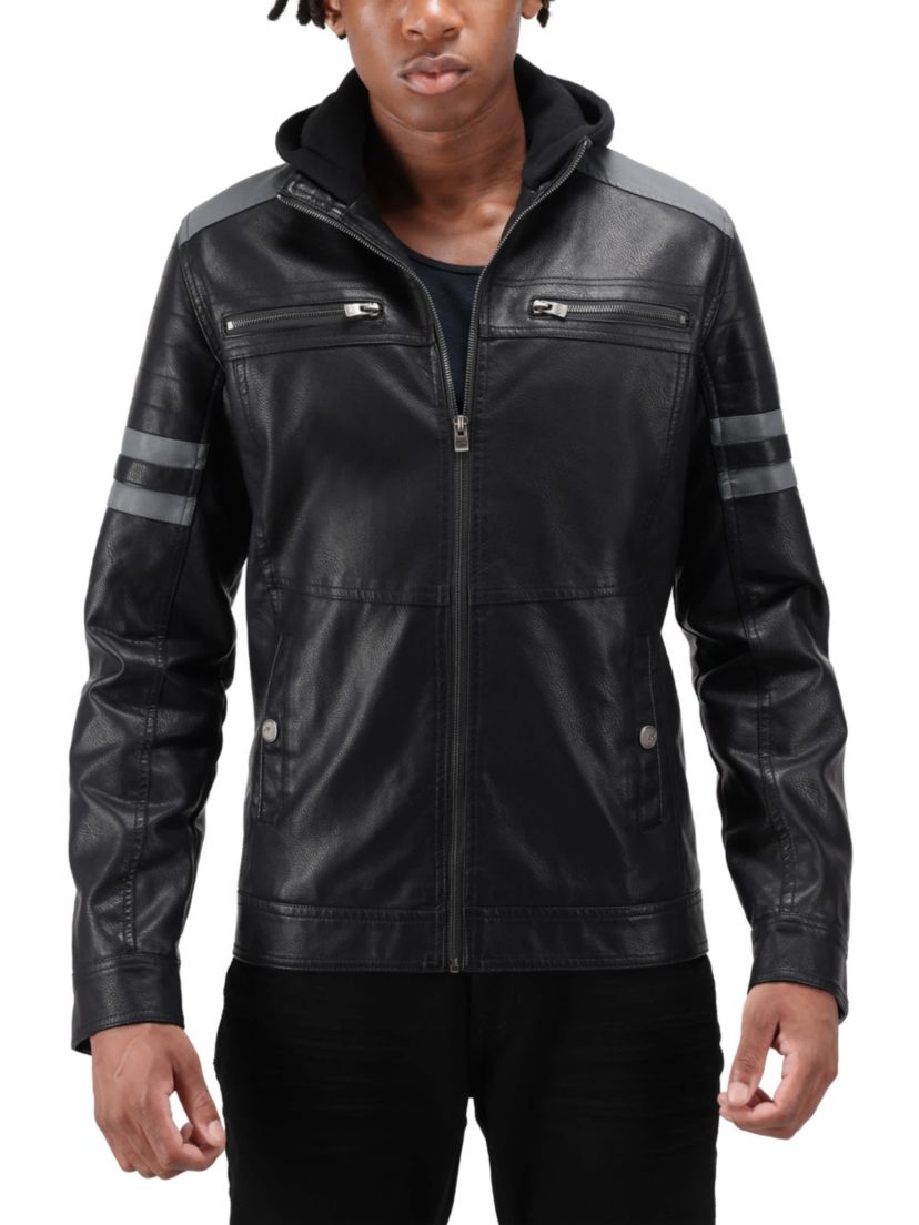 Mens Grainy PU Leather Hooded Jacket With Faux Shearling Lining