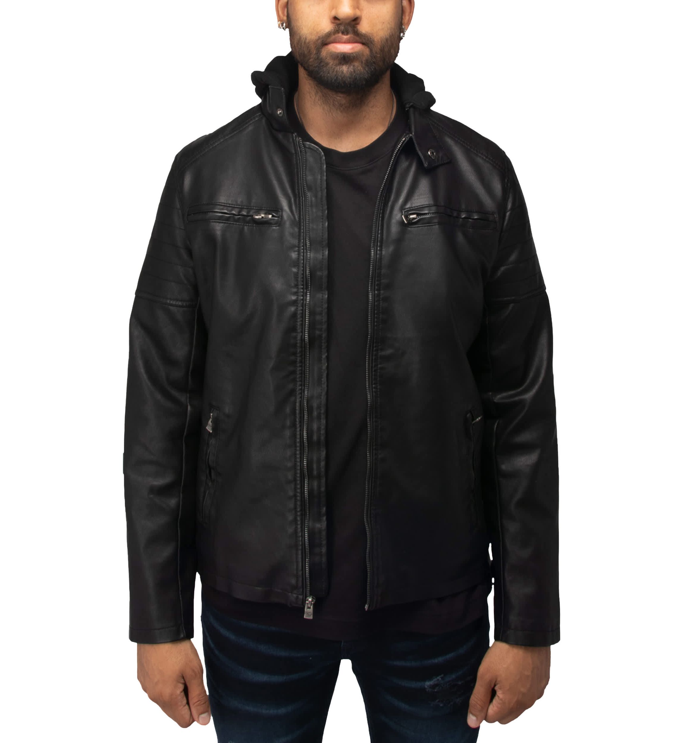 Mens Hooded Stand Collar PU Leather Jacket