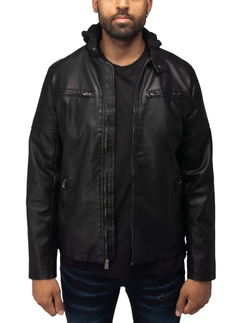 Mens Hooded Stand Collar PU Leather Jacket