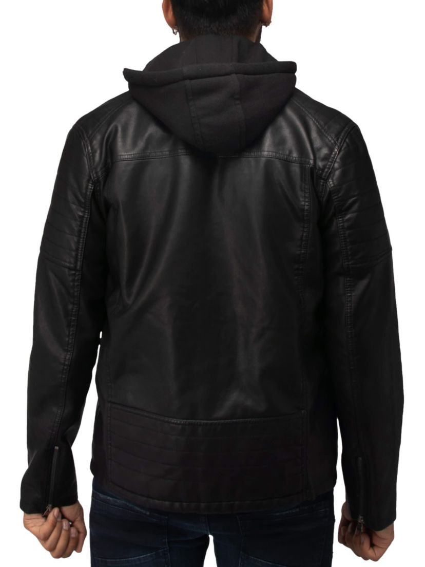 Mens Hooded Stand Collar PU Leather Jacket
