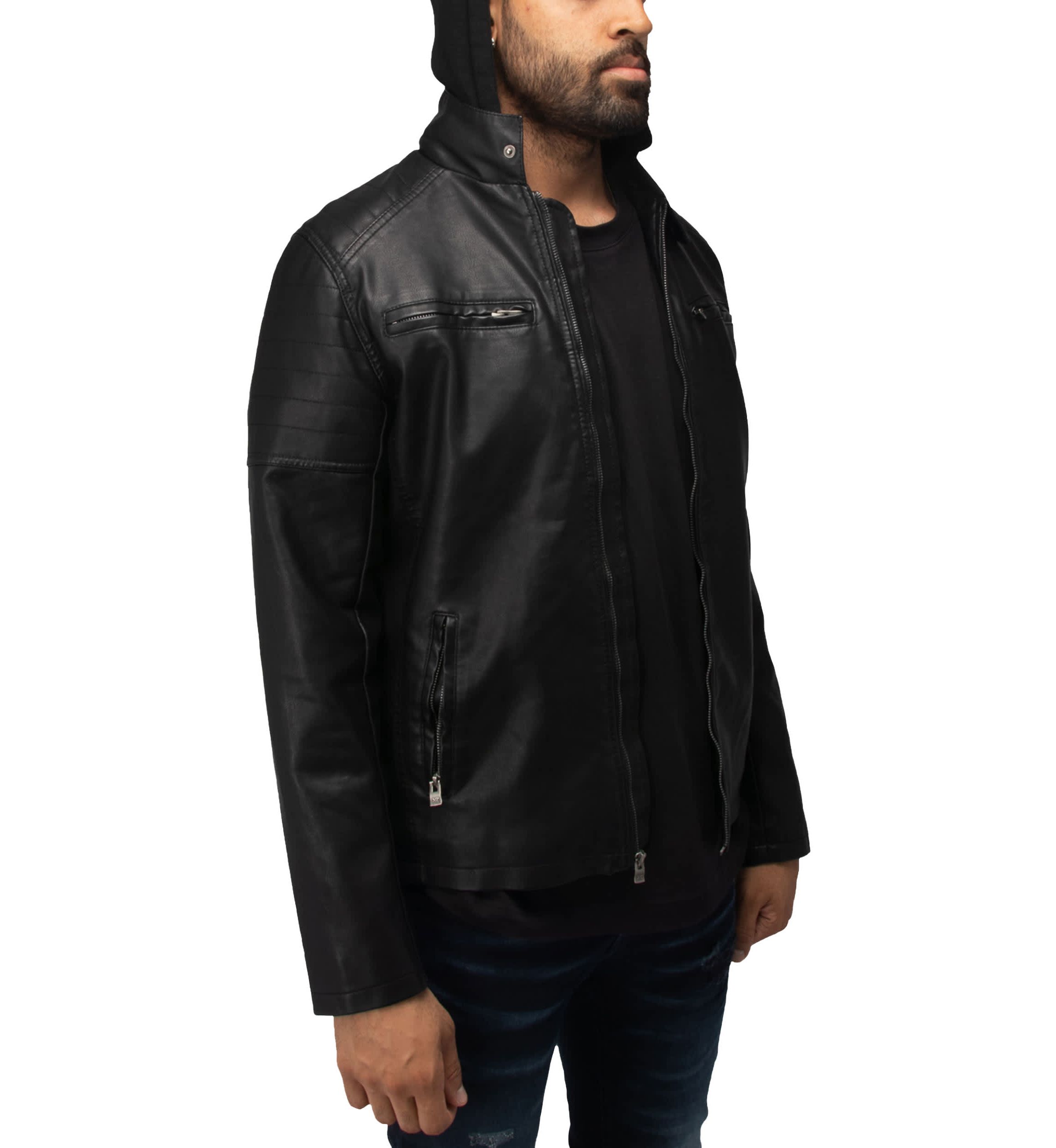Mens Hooded Stand Collar PU Leather Jacket