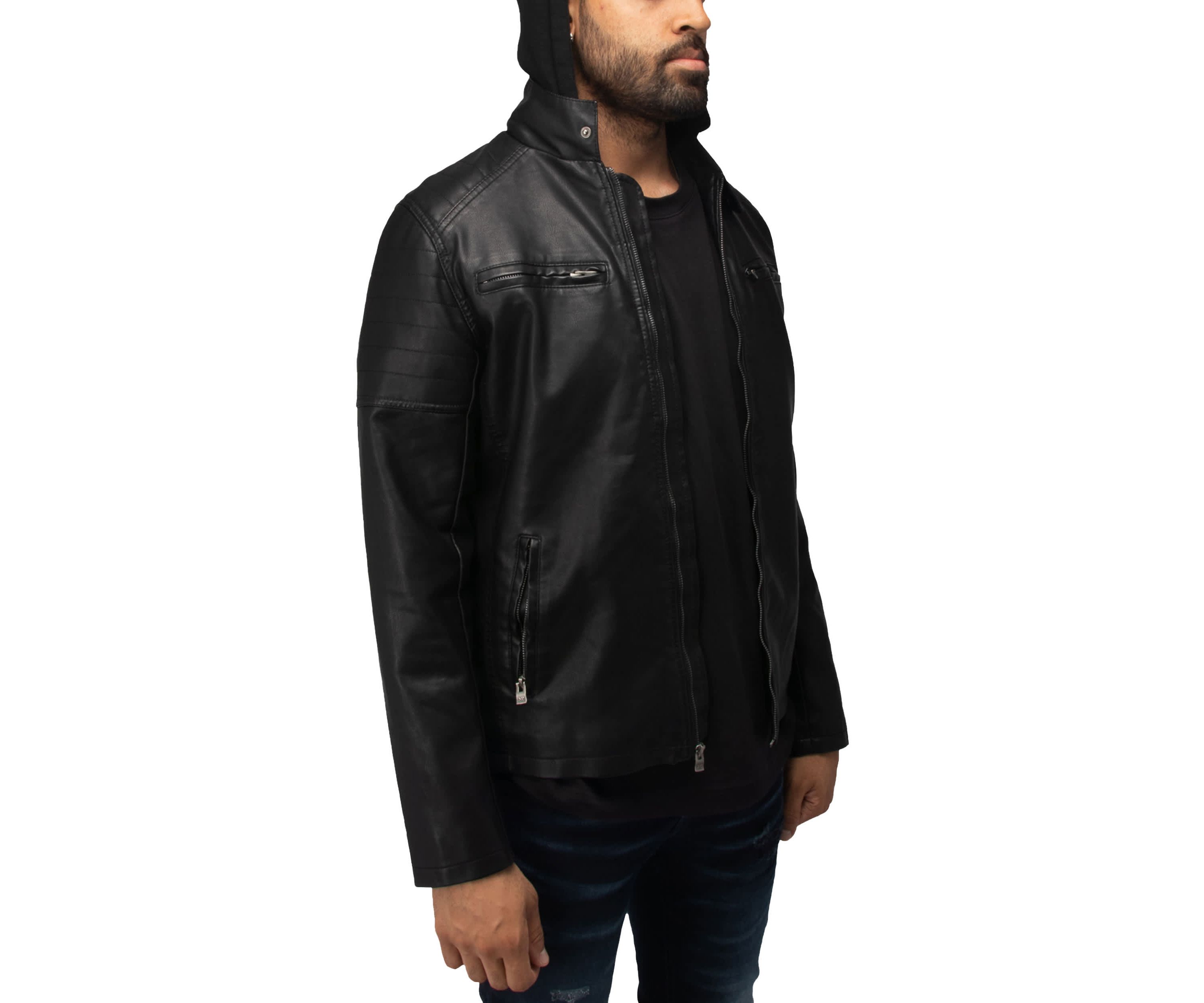 Mens Hooded Stand Collar PU Leather Jacket