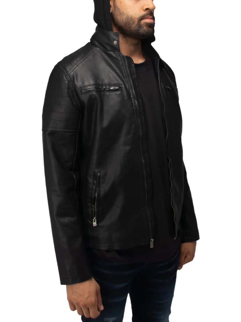 Mens Hooded Stand Collar PU Leather Jacket