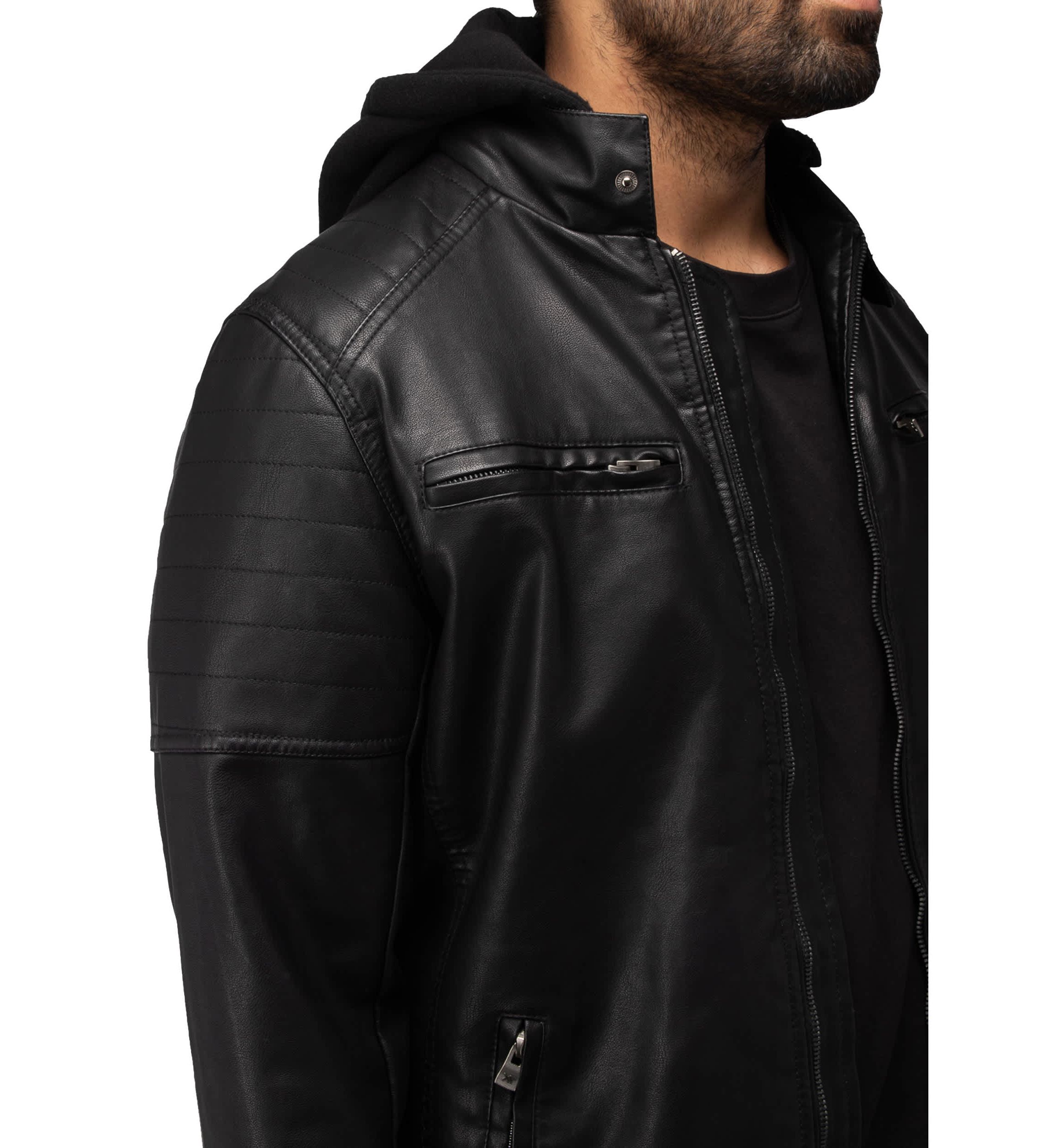 Mens Hooded Stand Collar PU Leather Jacket