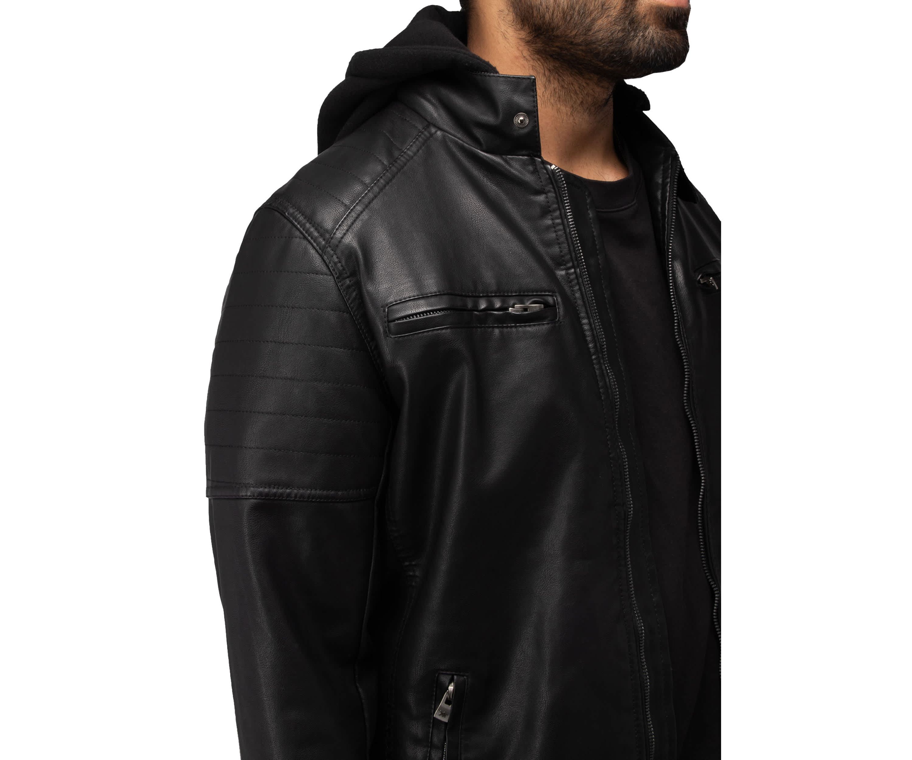 Mens Hooded Stand Collar PU Leather Jacket