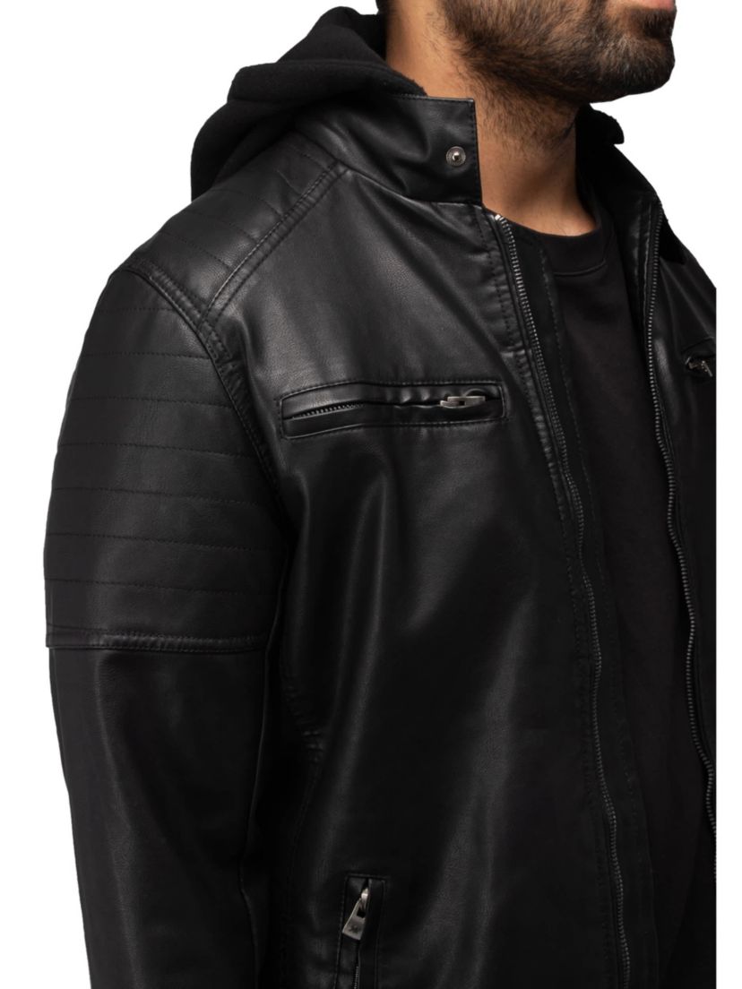 Mens Hooded Stand Collar PU Leather Jacket