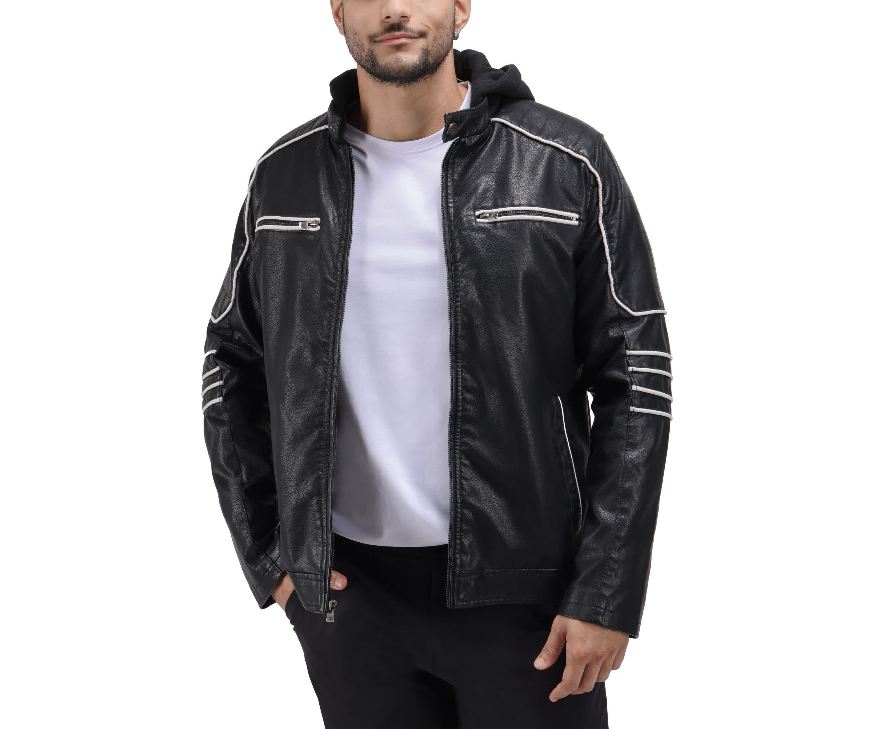 Mens Grainy PU Moto Jacket With Hood and Faux Shearling Lining