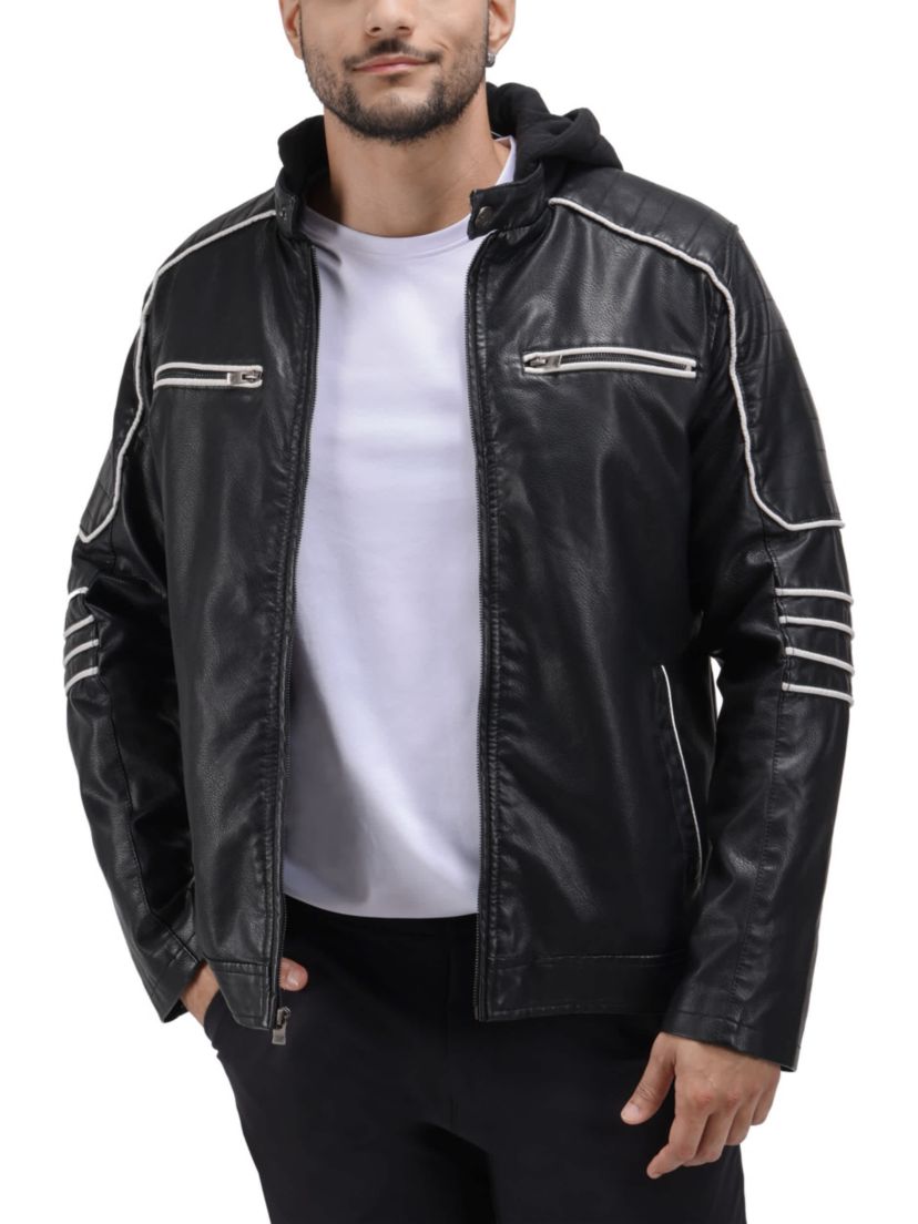 Mens Grainy PU Moto Jacket With Hood and Faux Shearling Lining