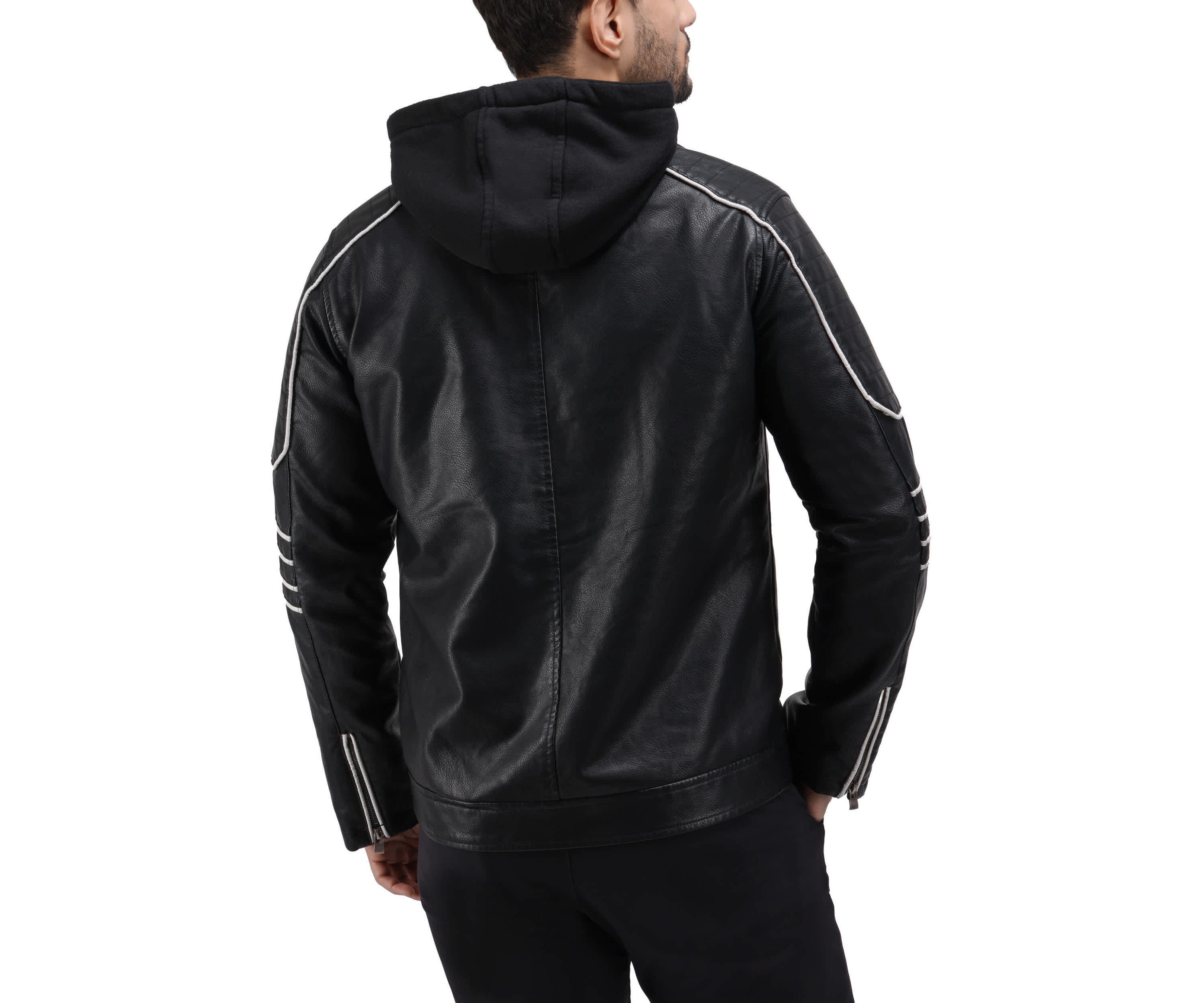 Mens Grainy PU Moto Jacket With Hood and Faux Shearling Lining