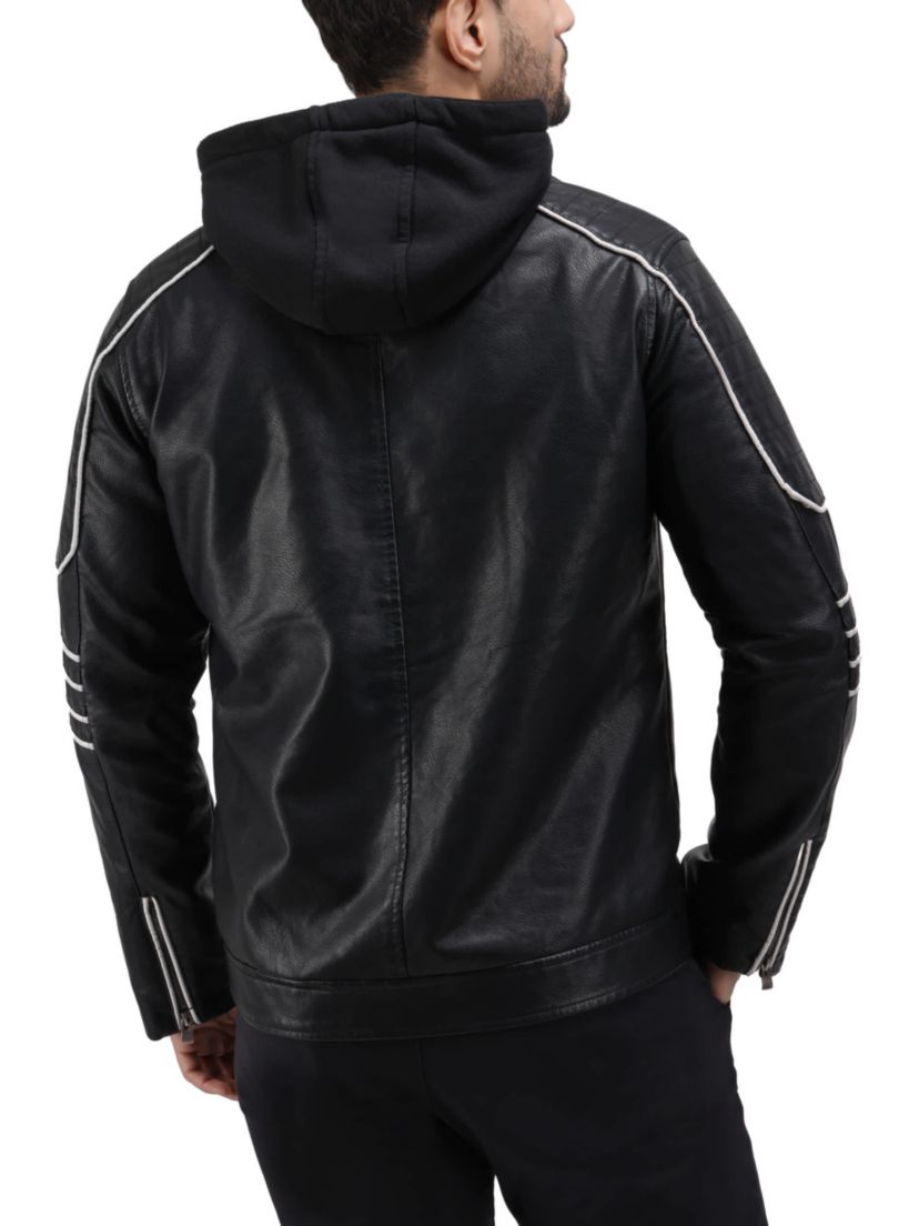 Mens Grainy PU Moto Jacket With Hood and Faux Shearling Lining