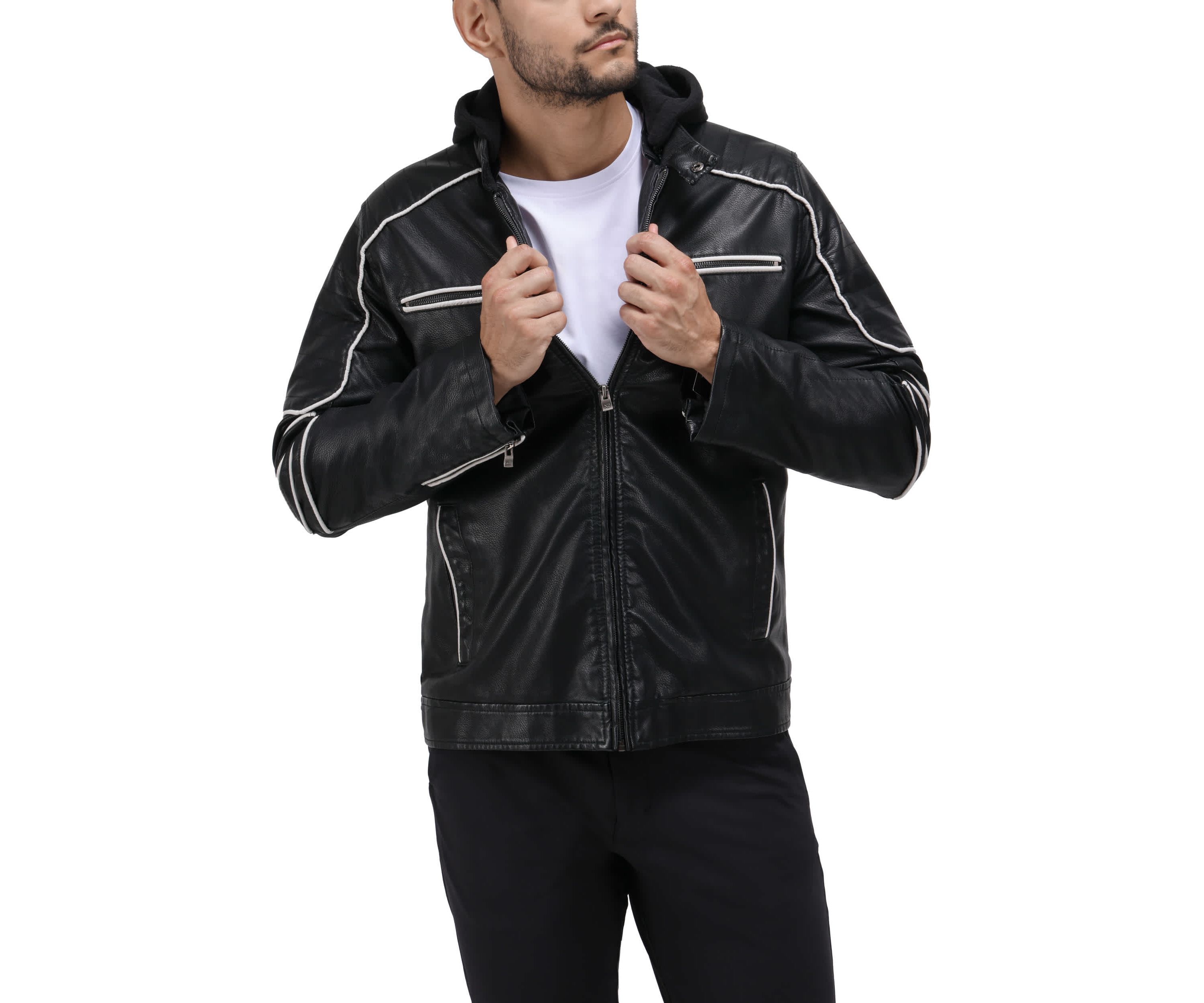 Mens Grainy PU Moto Jacket With Hood and Faux Shearling Lining