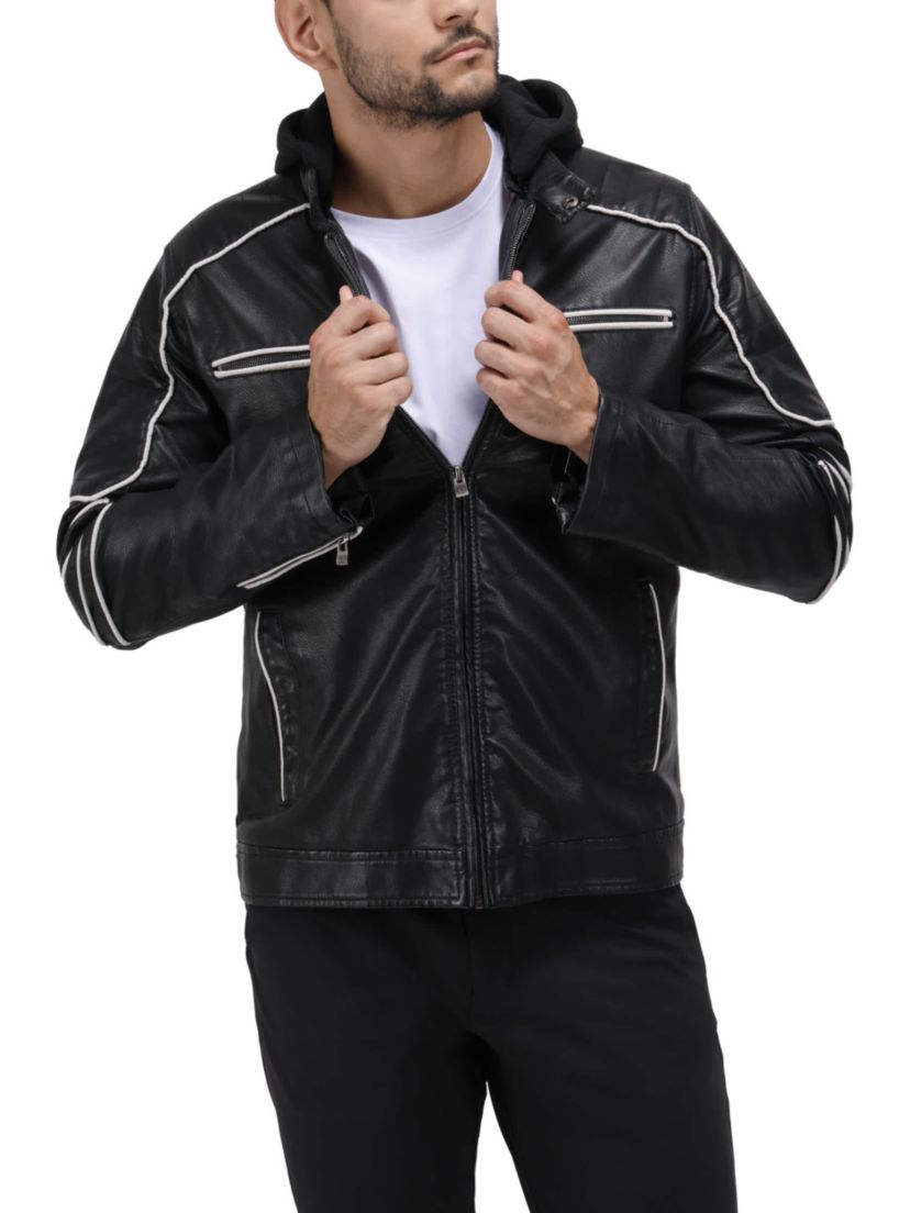 Mens Grainy PU Moto Jacket With Hood and Faux Shearling Lining