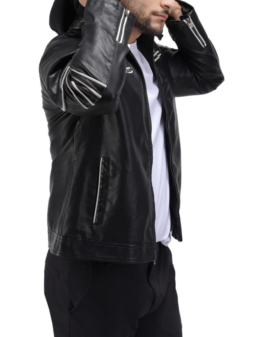 Mens Grainy PU Moto Jacket With Hood and Faux Shearling Lining