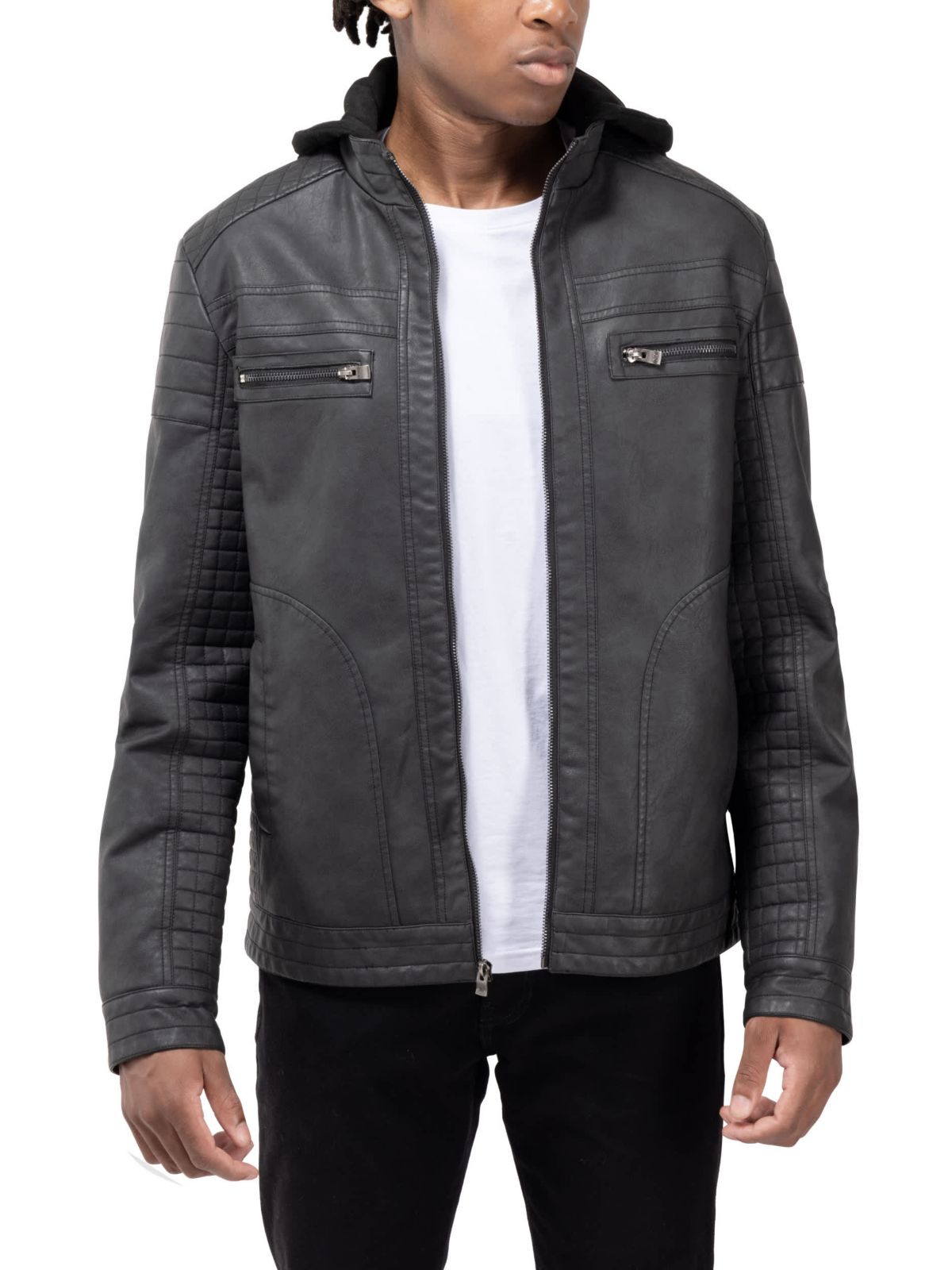 Mens PU Leather Jacket With Hood And Faux Shearling Lining