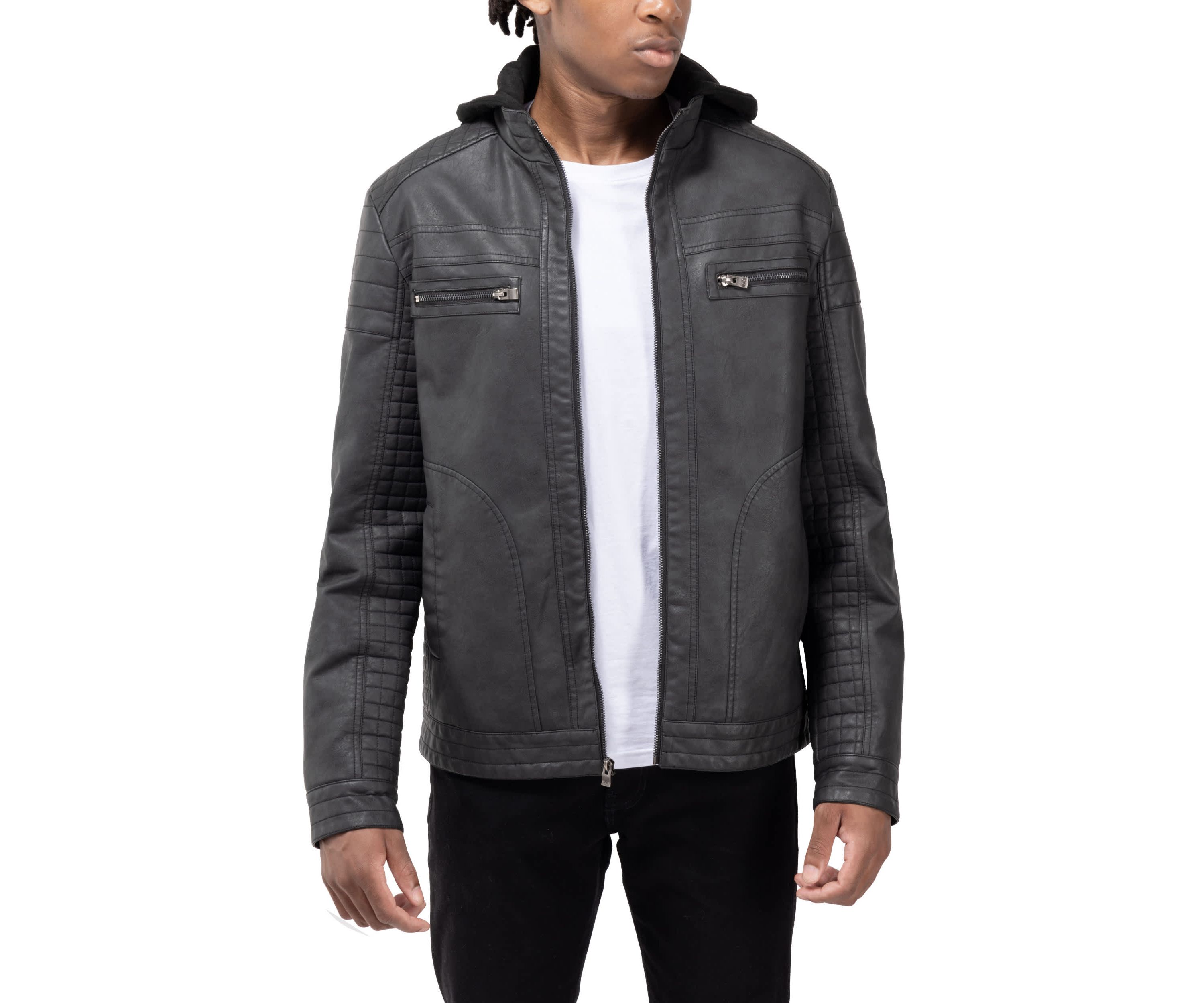 Mens PU Leather Jacket With Hood And Faux Shearling Lining