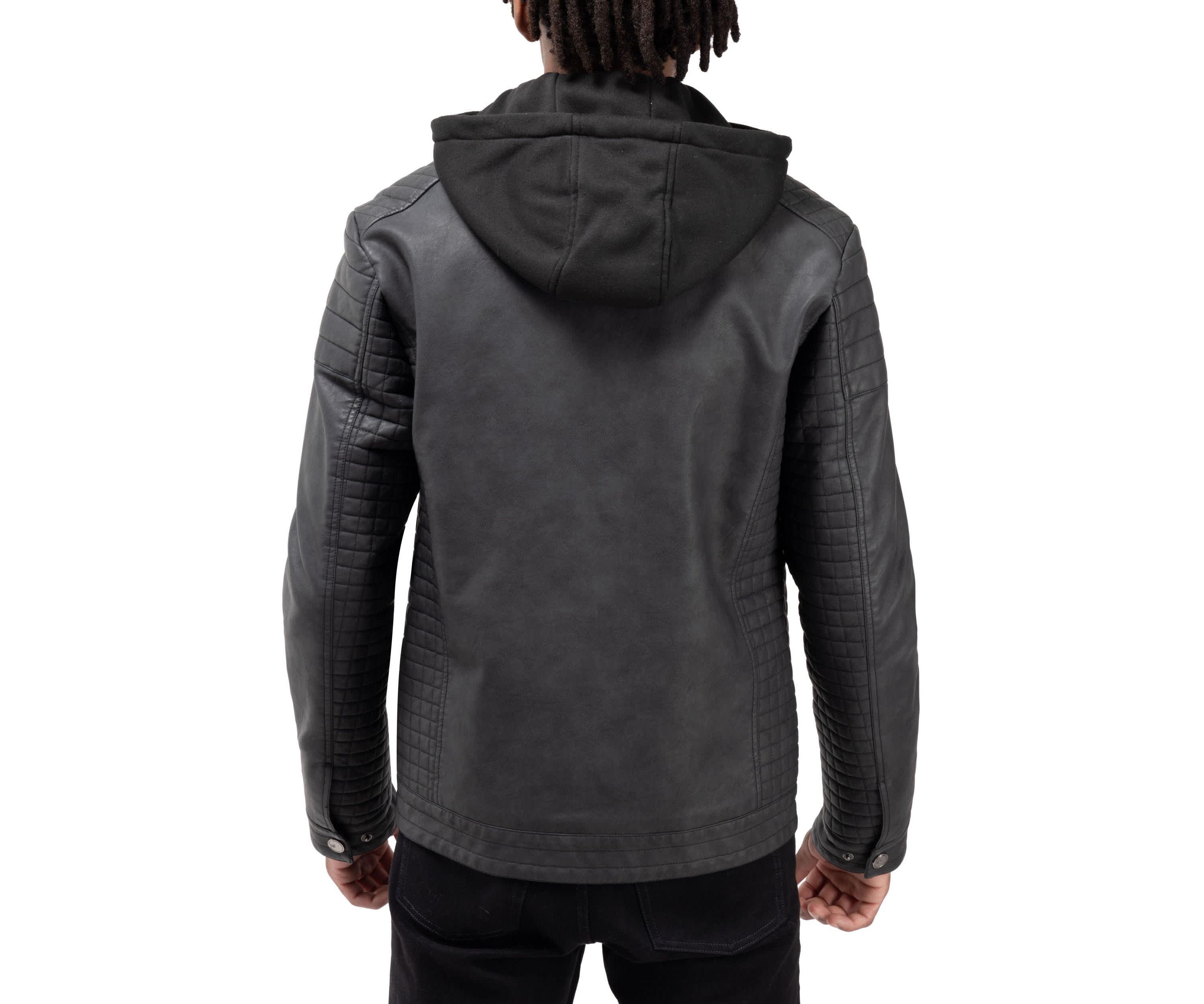 Mens PU Leather Jacket With Hood And Faux Shearling Lining
