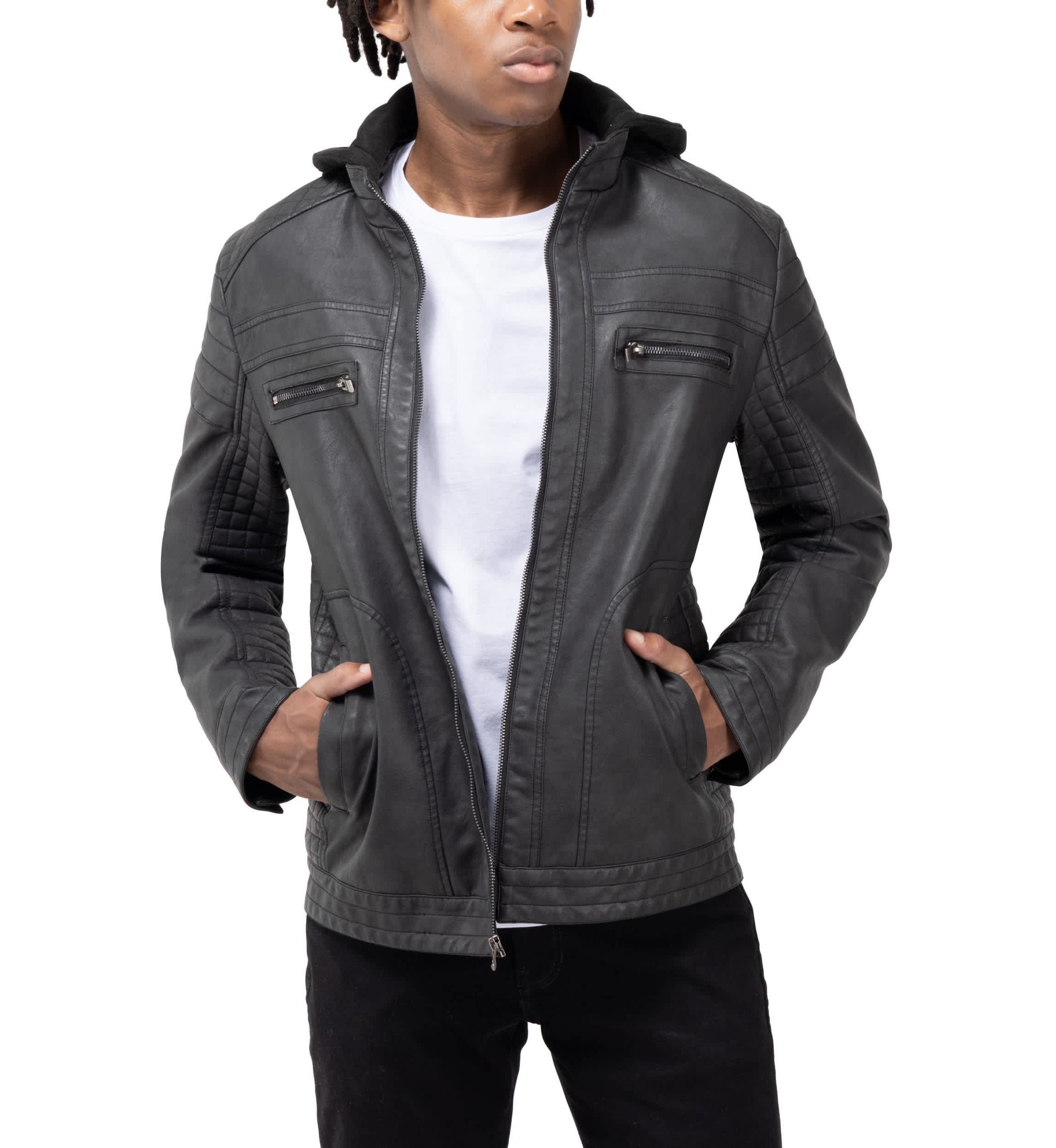 Mens PU Leather Jacket With Hood And Faux Shearling Lining