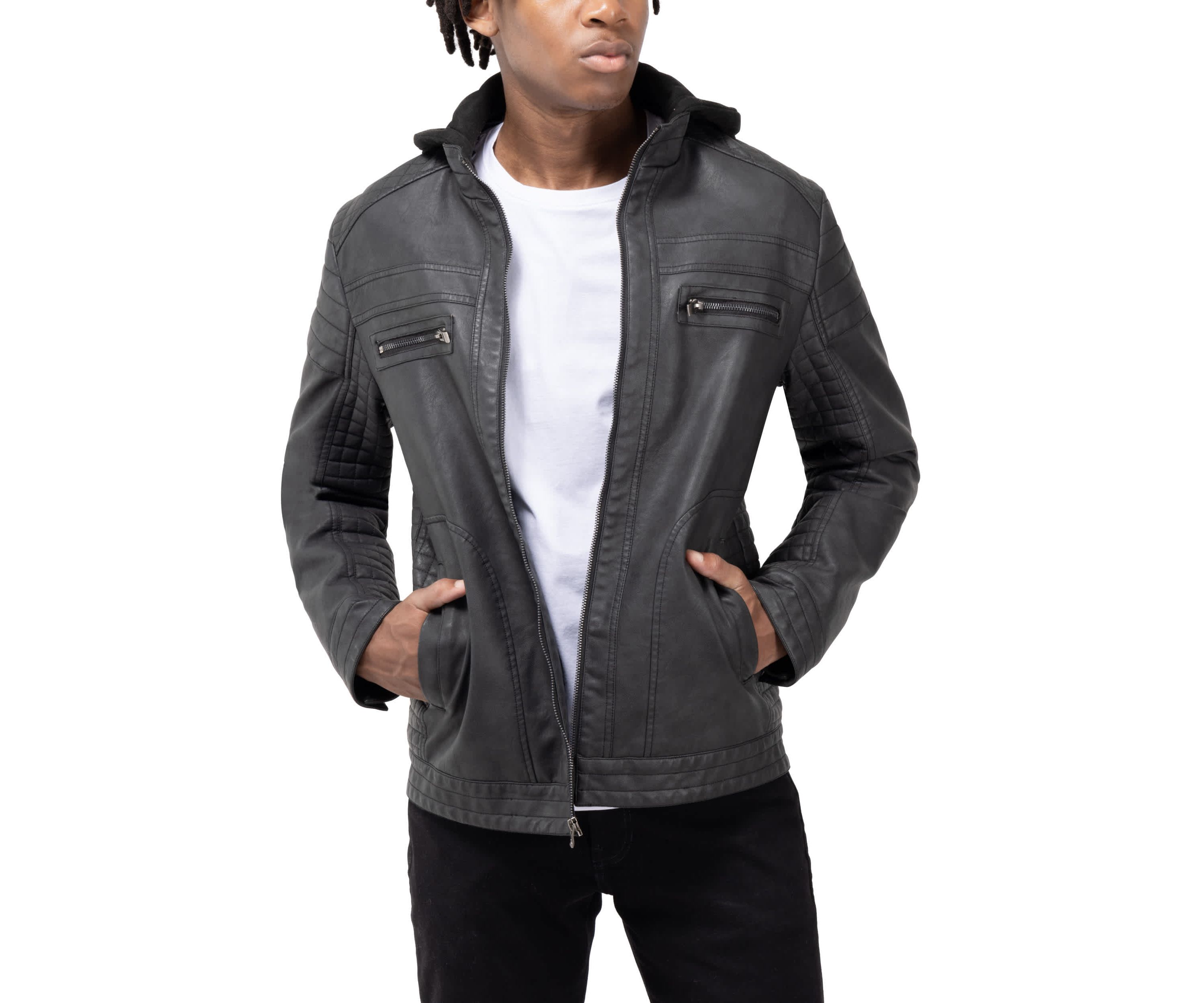 Mens PU Leather Jacket With Hood And Faux Shearling Lining