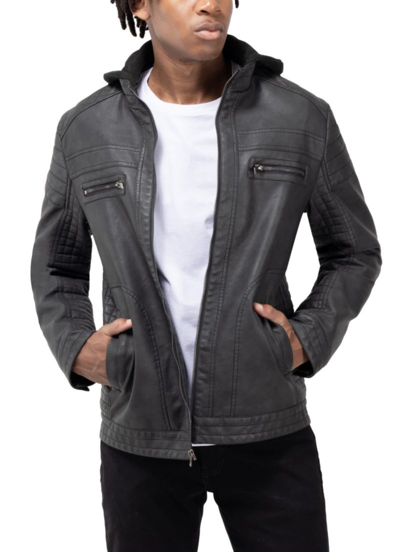 Mens PU Leather Jacket With Hood And Faux Shearling Lining