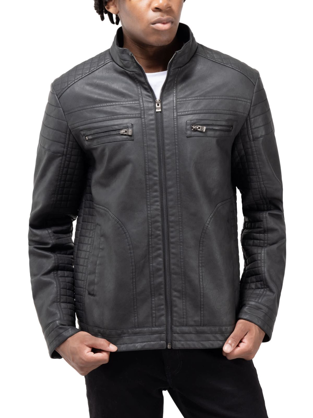 Mens PU Leather Jacket With Hood And Faux Shearling Lining