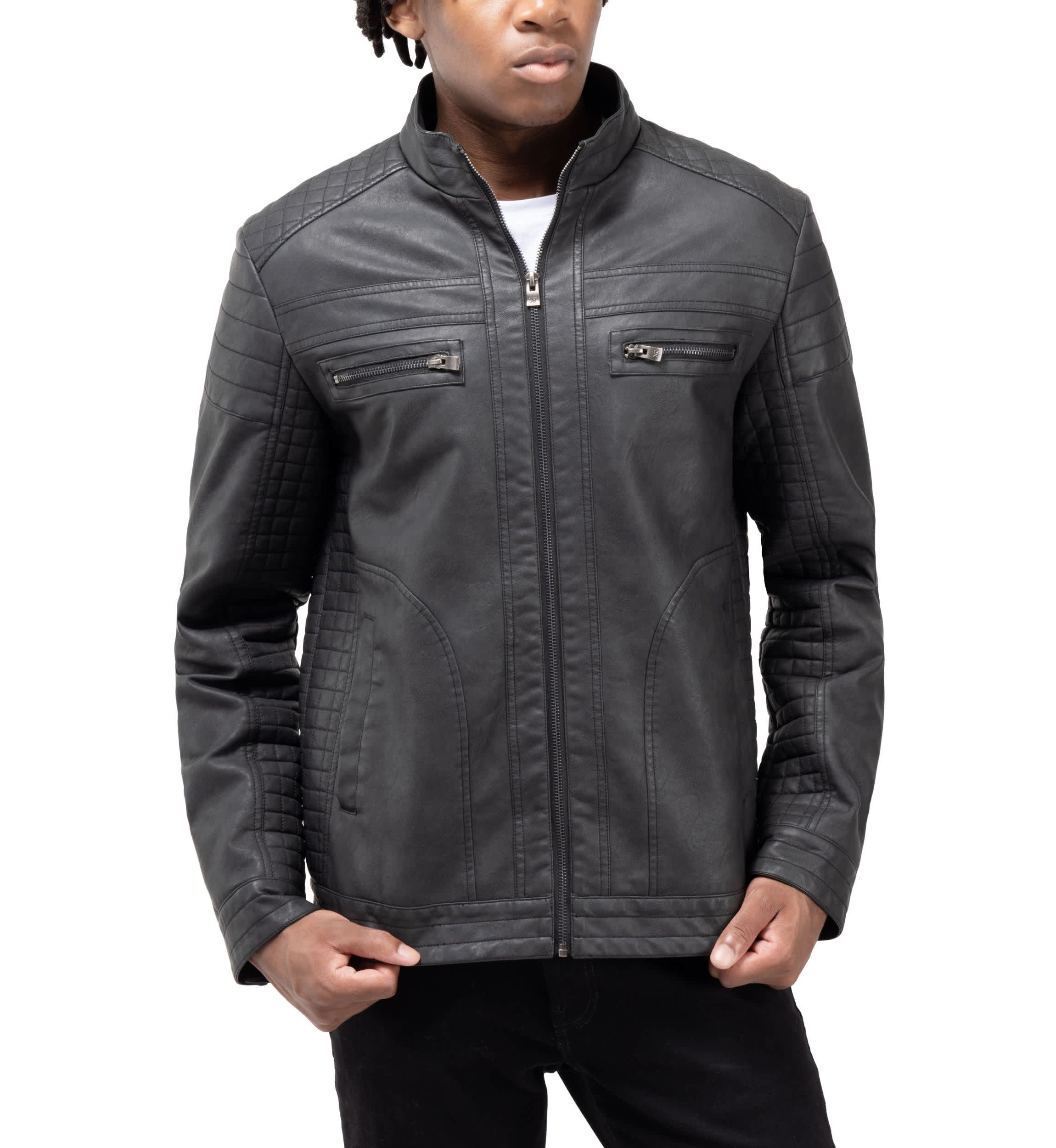Mens PU Leather Jacket With Hood And Faux Shearling Lining