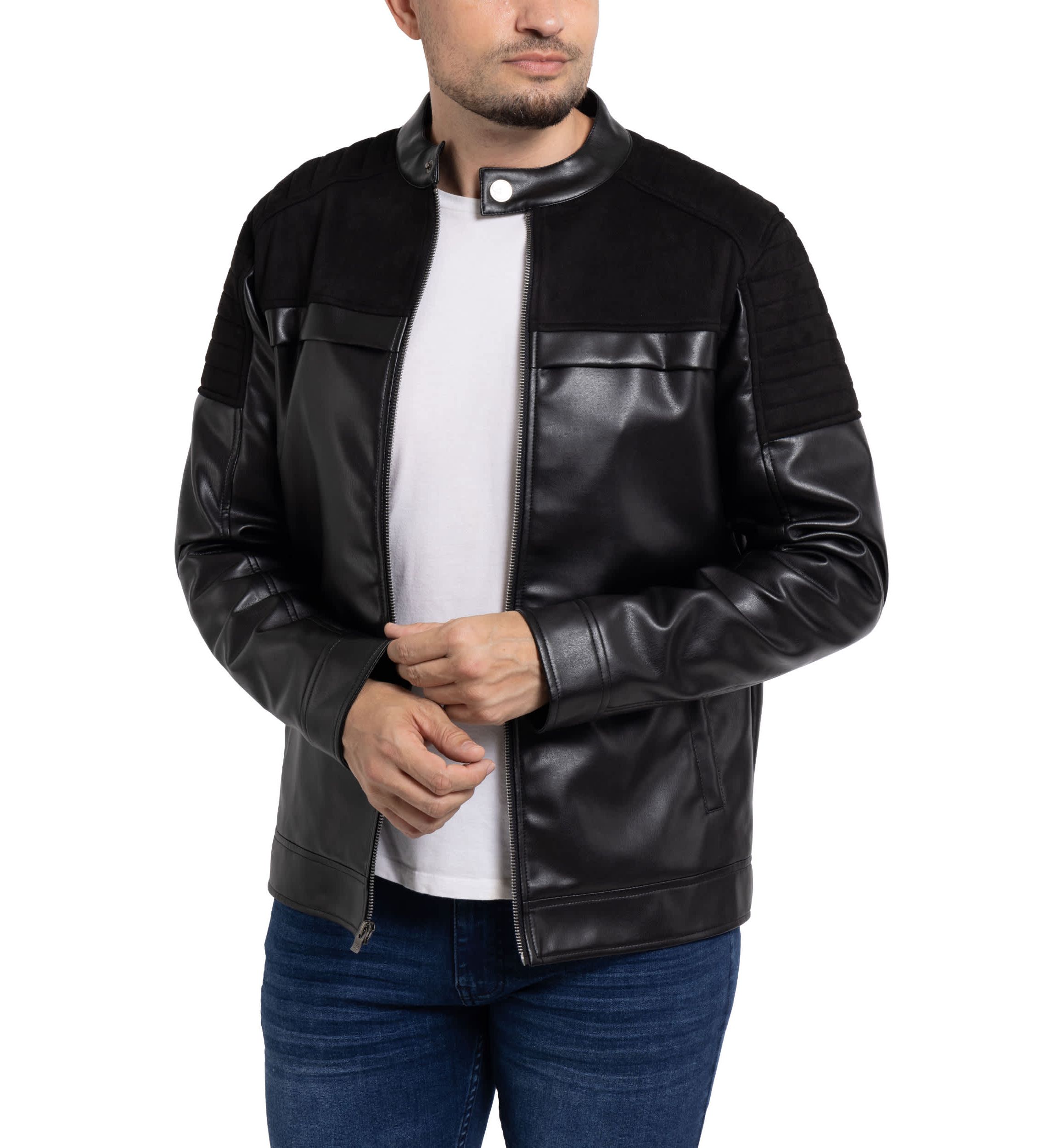 Mens Shiny PU Jacket With Faux Suede Detailing With Faux Shearling Lining