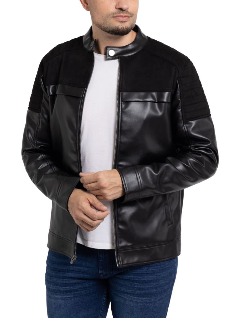 Mens Shiny PU Jacket With Faux Suede Detailing With Faux Shearling Lining