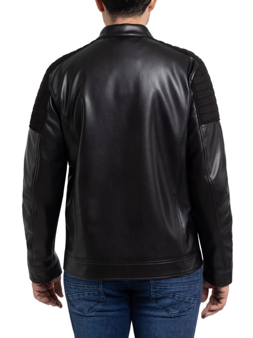 Mens Shiny PU Jacket With Faux Suede Detailing With Faux Shearling Lining